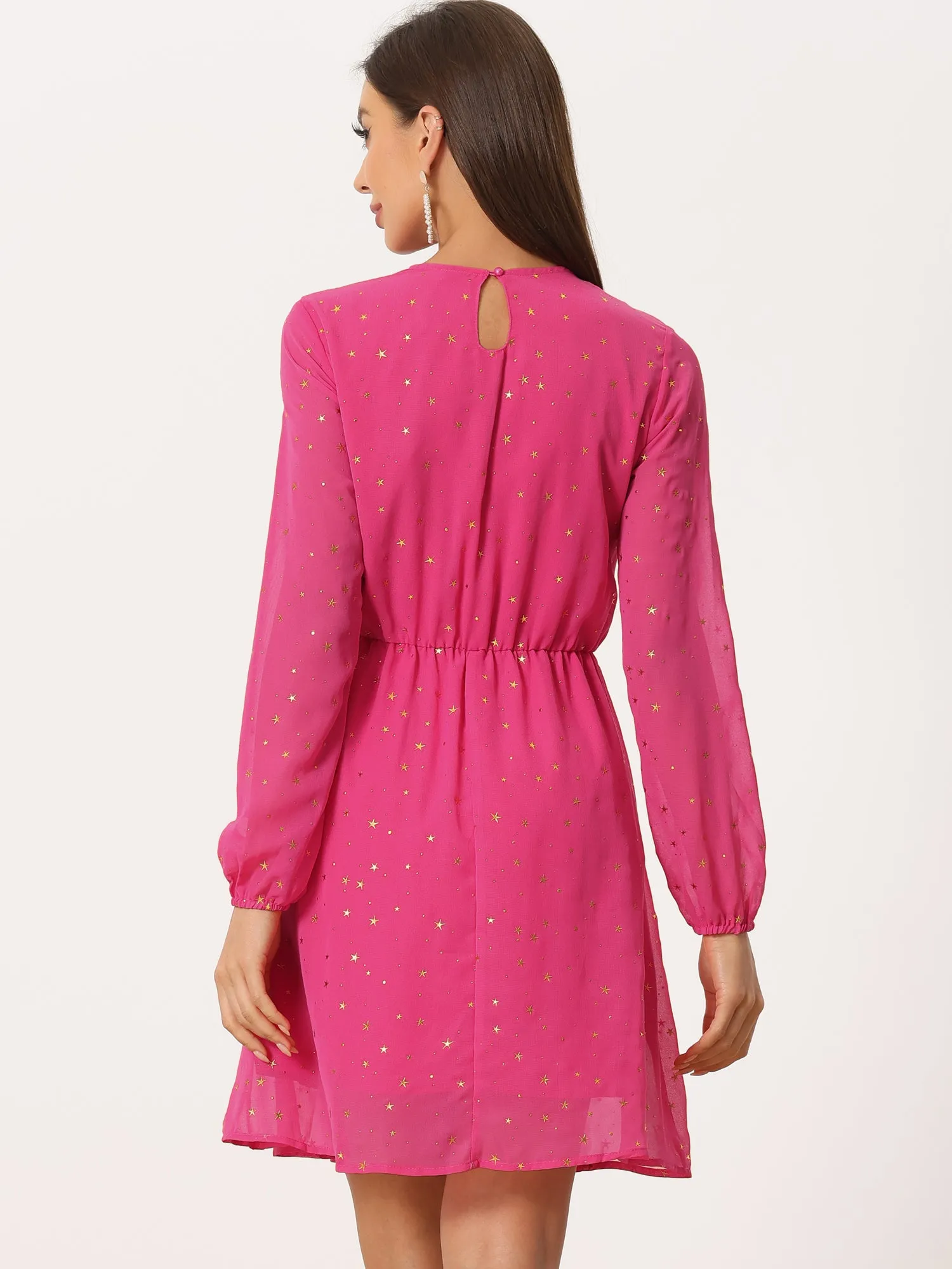 Choker V Neck Flared Gilding Metallic Shiny Star A-Line Dress