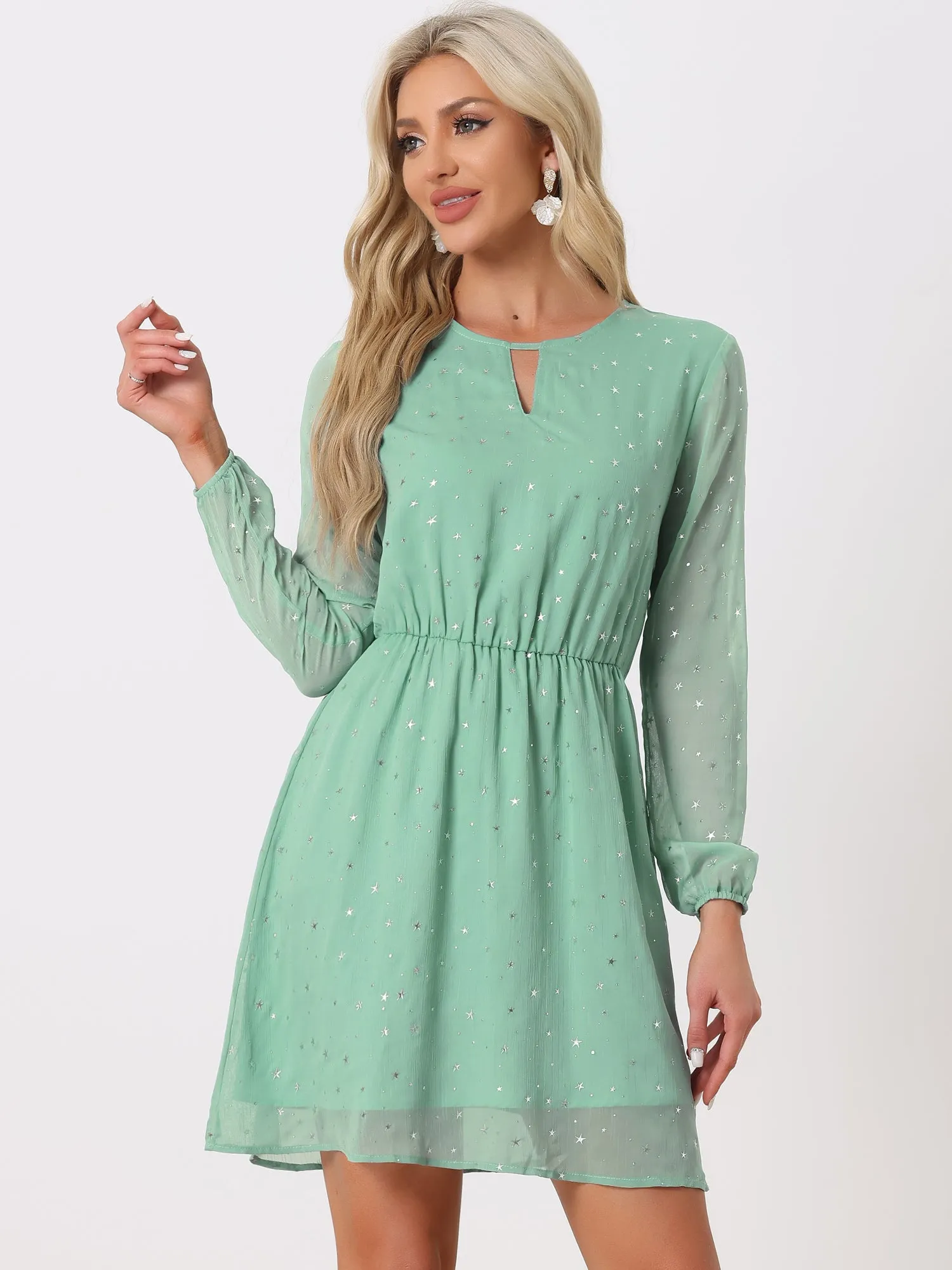 Choker V Neck Flared Gilding Metallic Shiny Star A-Line Dress