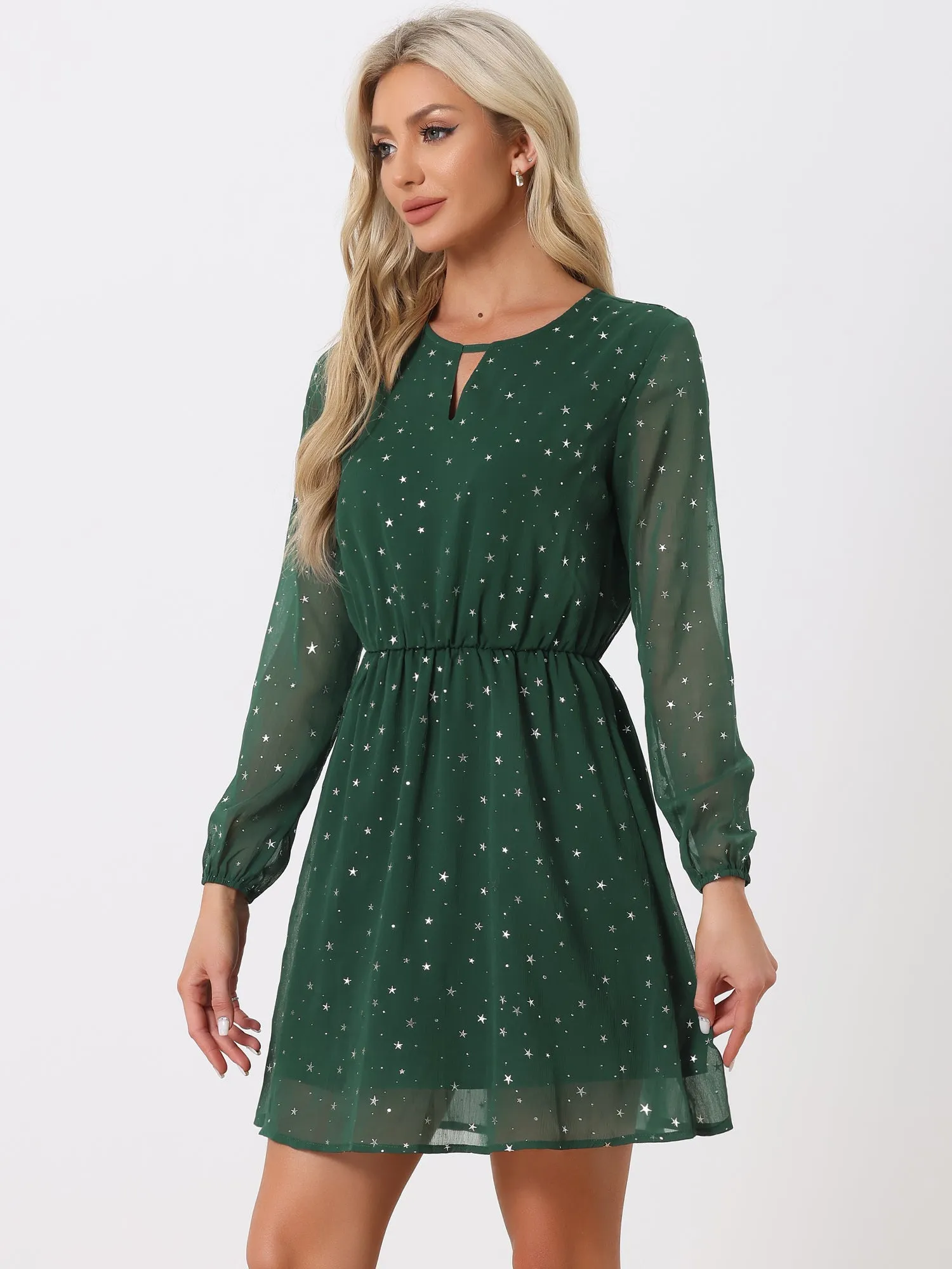 Choker V Neck Flared Gilding Metallic Shiny Star A-Line Dress