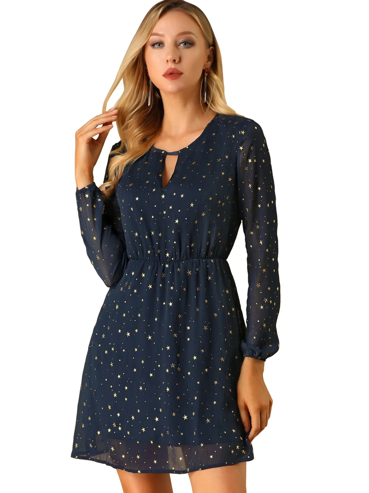 Choker V Neck Flared Gilding Metallic Shiny Star A-Line Dress