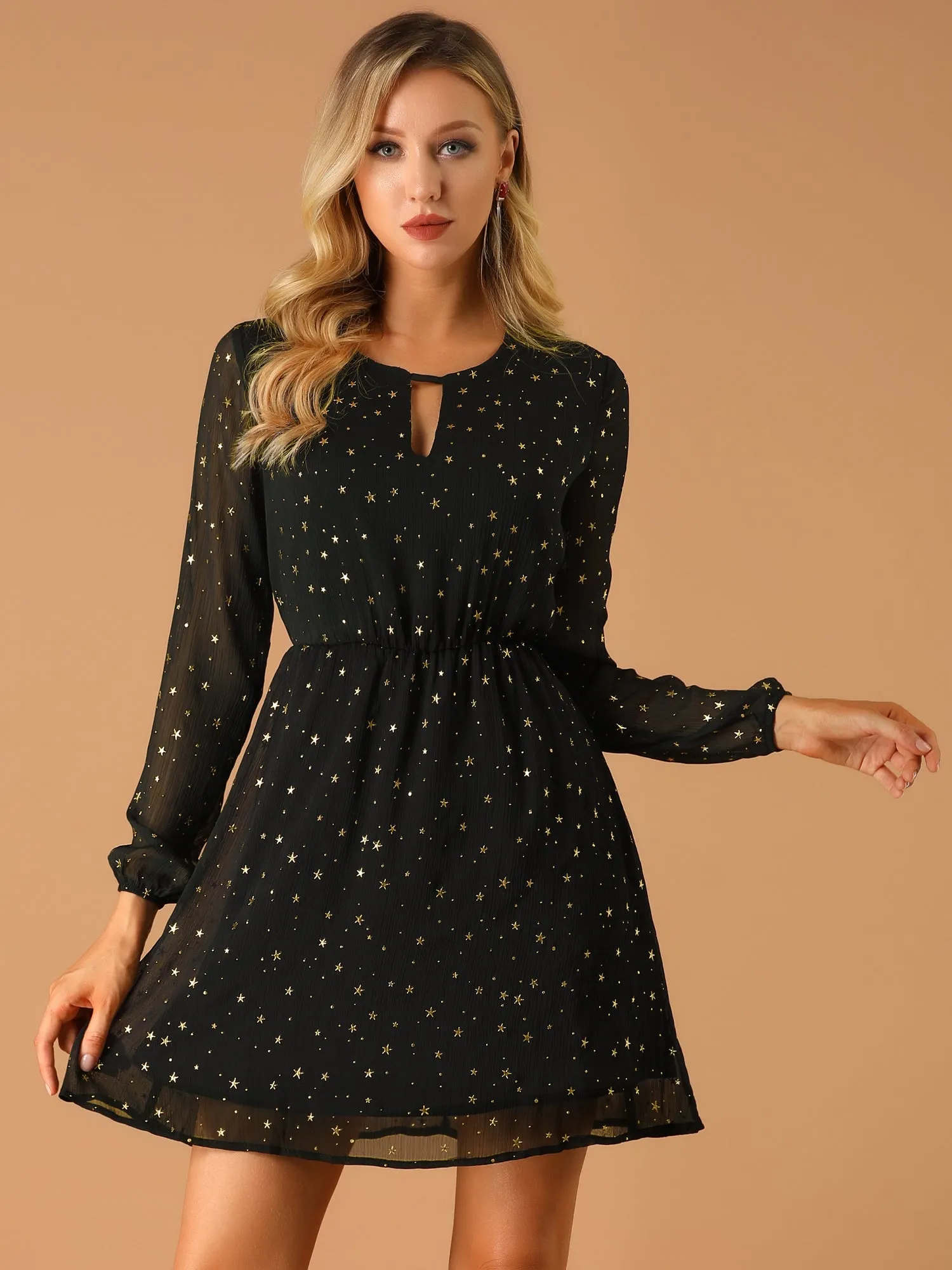 Choker V Neck Flared Gilding Metallic Shiny Star A-Line Dress