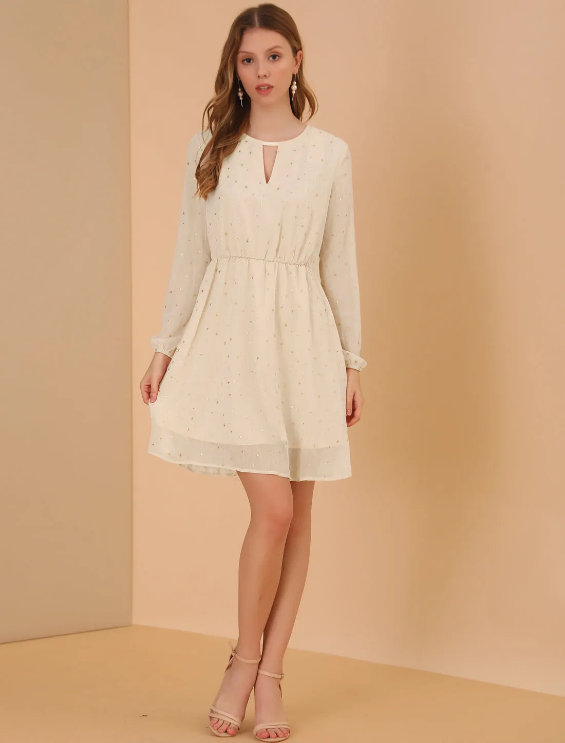 Choker V Neck Flared Gilding Metallic Shiny Star A-Line Dress