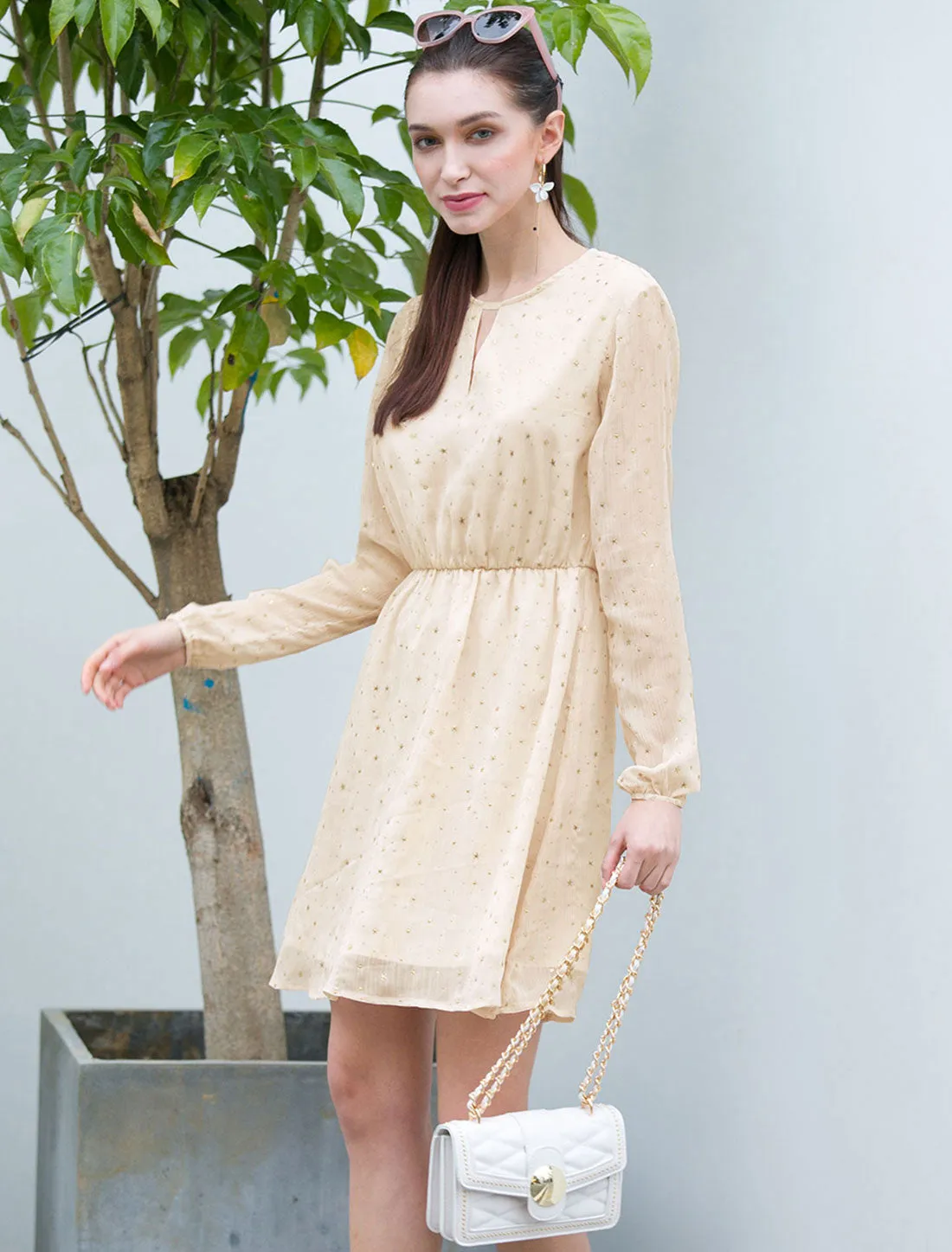 Choker V Neck Flared Gilding Metallic Shiny Star A-Line Dress