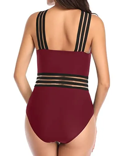 Crisscross Mesh Straps Swimwear One Piece Tummy Control Bathing Suit-Maroon