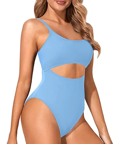 Cutout Strappy Lace Up One Piece Swimwear For Women-Light Blue