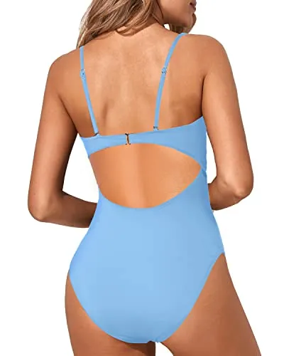 Cutout Strappy Lace Up One Piece Swimwear For Women-Light Blue