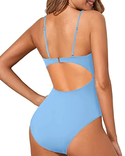 Cutout Strappy Lace Up One Piece Swimwear For Women-Light Blue