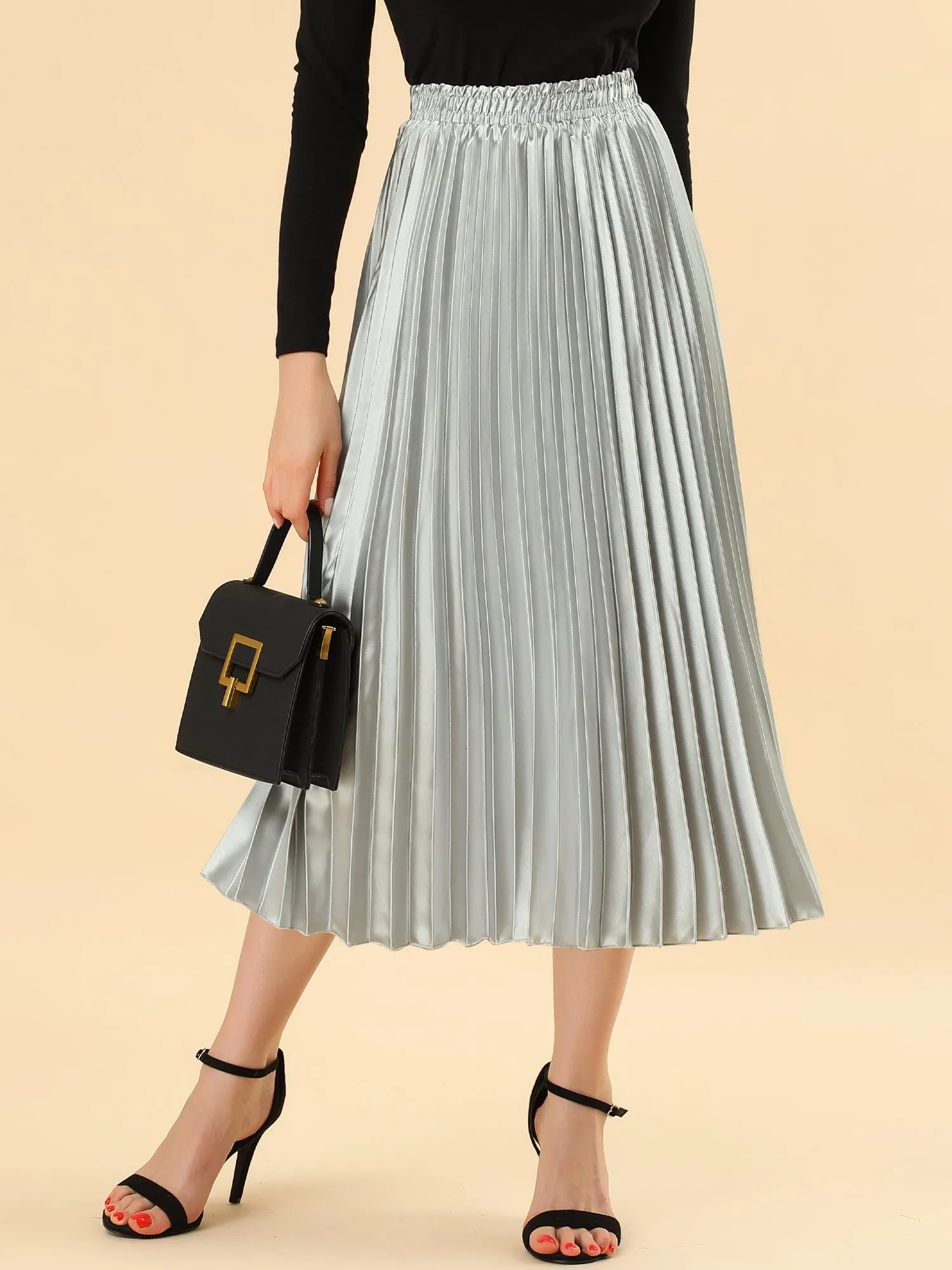 Elastic Waist Metallic Shiny Accordion Pleated Midi Skirt