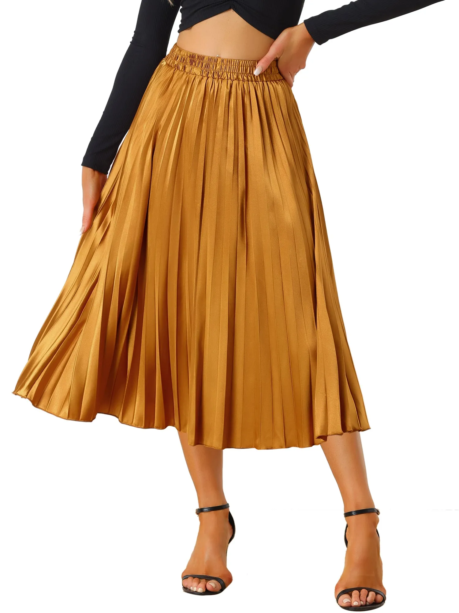 Elastic Waist Metallic Shiny Accordion Pleated Midi Skirt