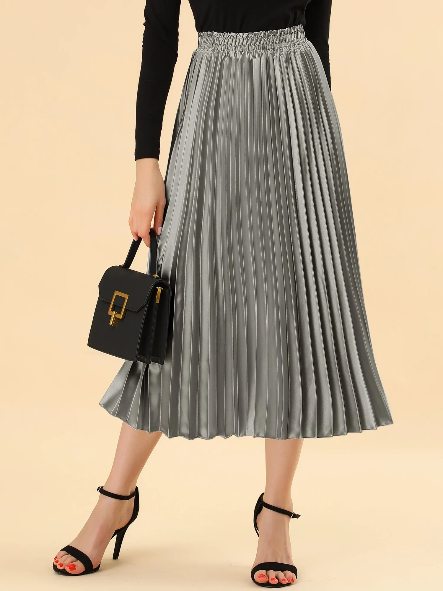 Elastic Waist Metallic Shiny Accordion Pleated Midi Skirt