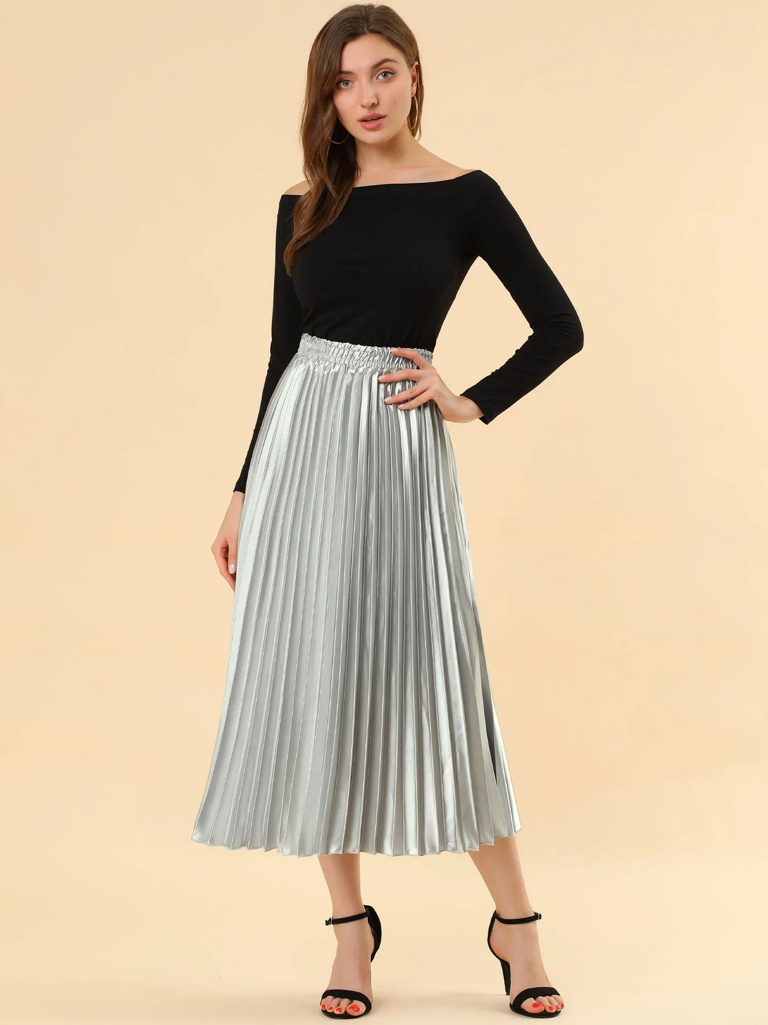 Elastic Waist Metallic Shiny Accordion Pleated Midi Skirt