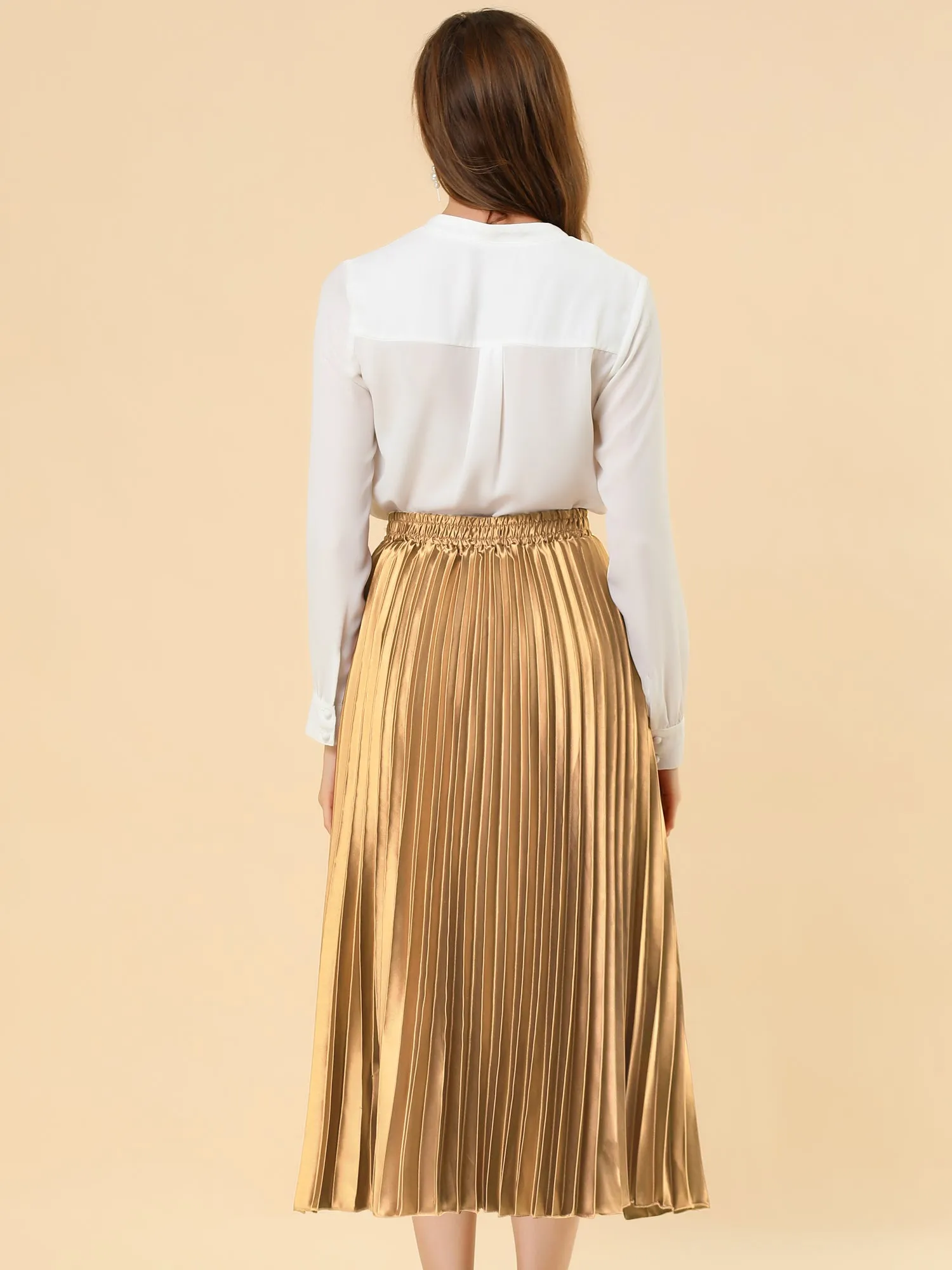 Elastic Waist Metallic Shiny Accordion Pleated Midi Skirt