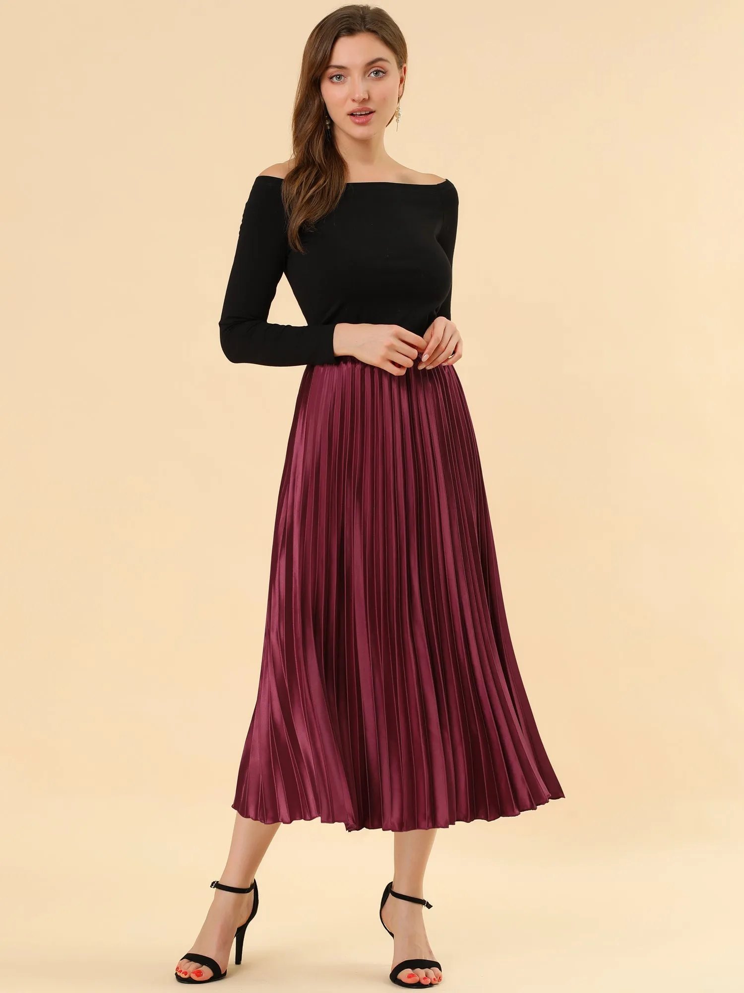 Elastic Waist Metallic Shiny Accordion Pleated Midi Skirt