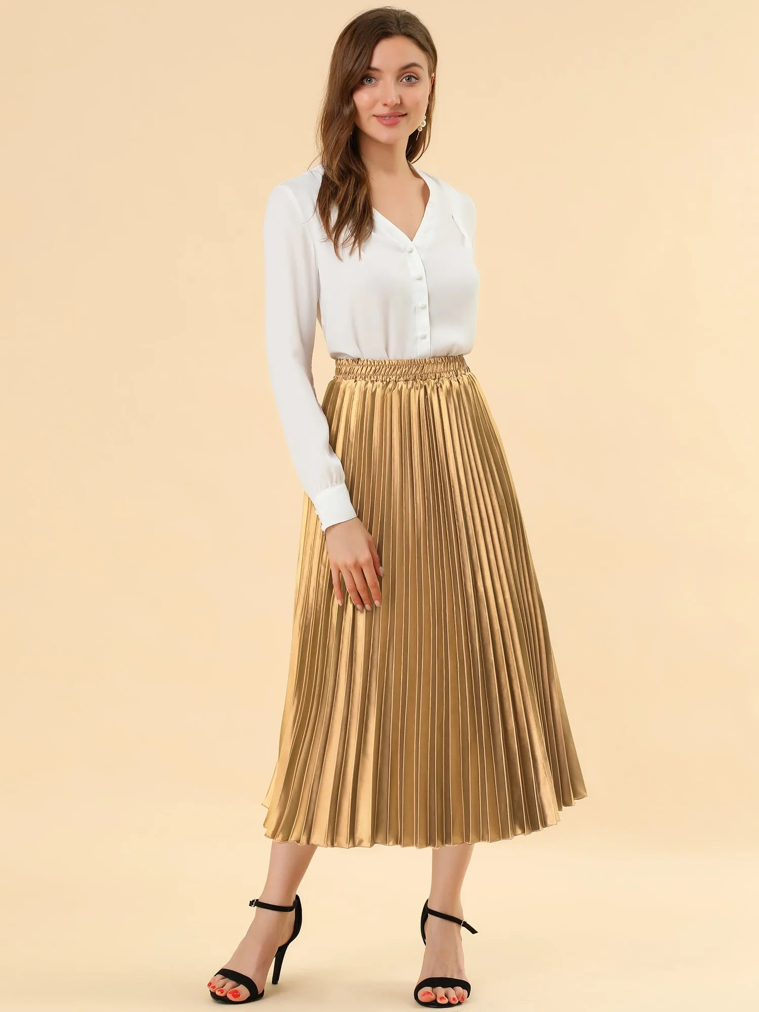 Elastic Waist Metallic Shiny Accordion Pleated Midi Skirt