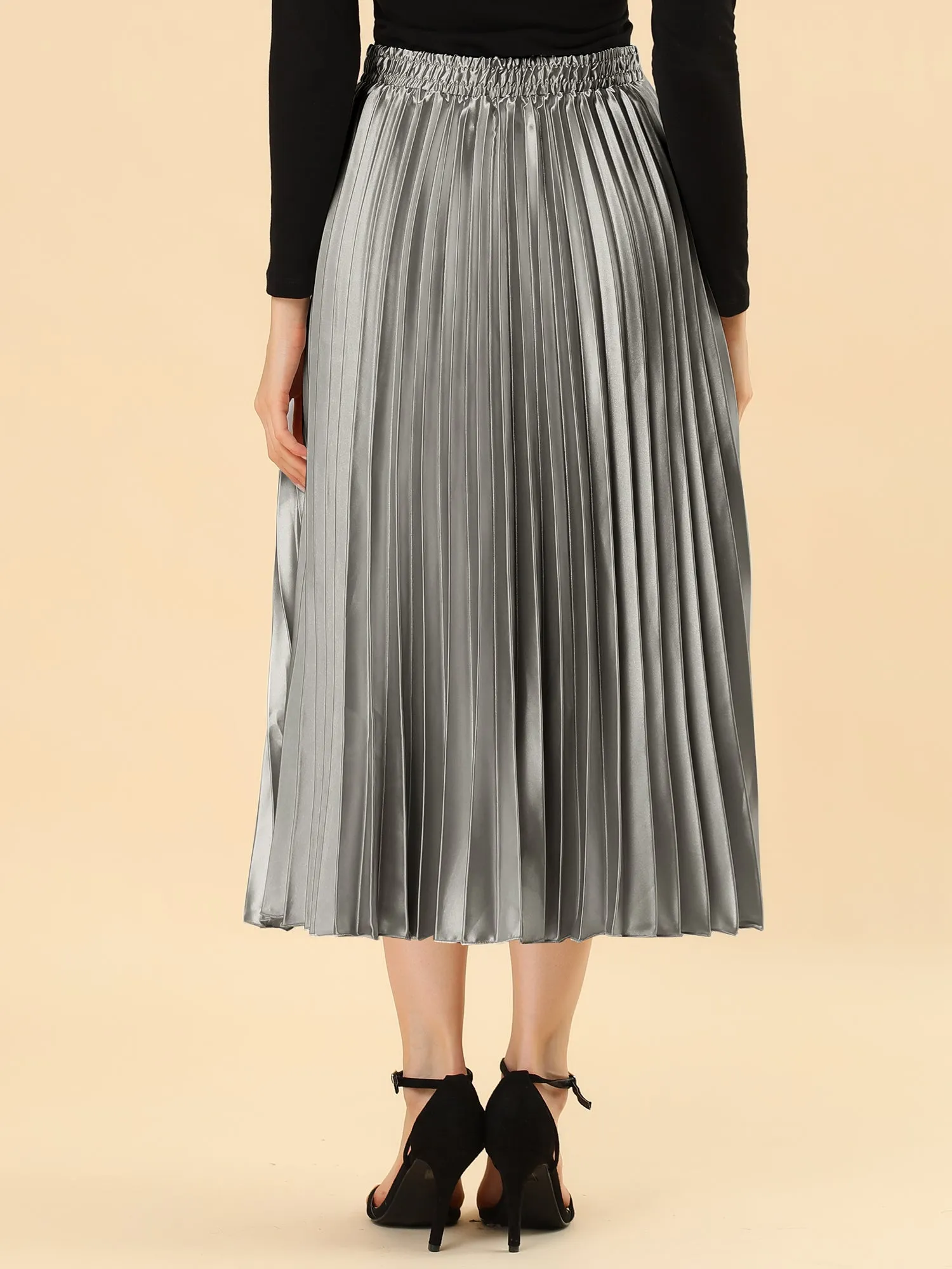Elastic Waist Metallic Shiny Accordion Pleated Midi Skirt