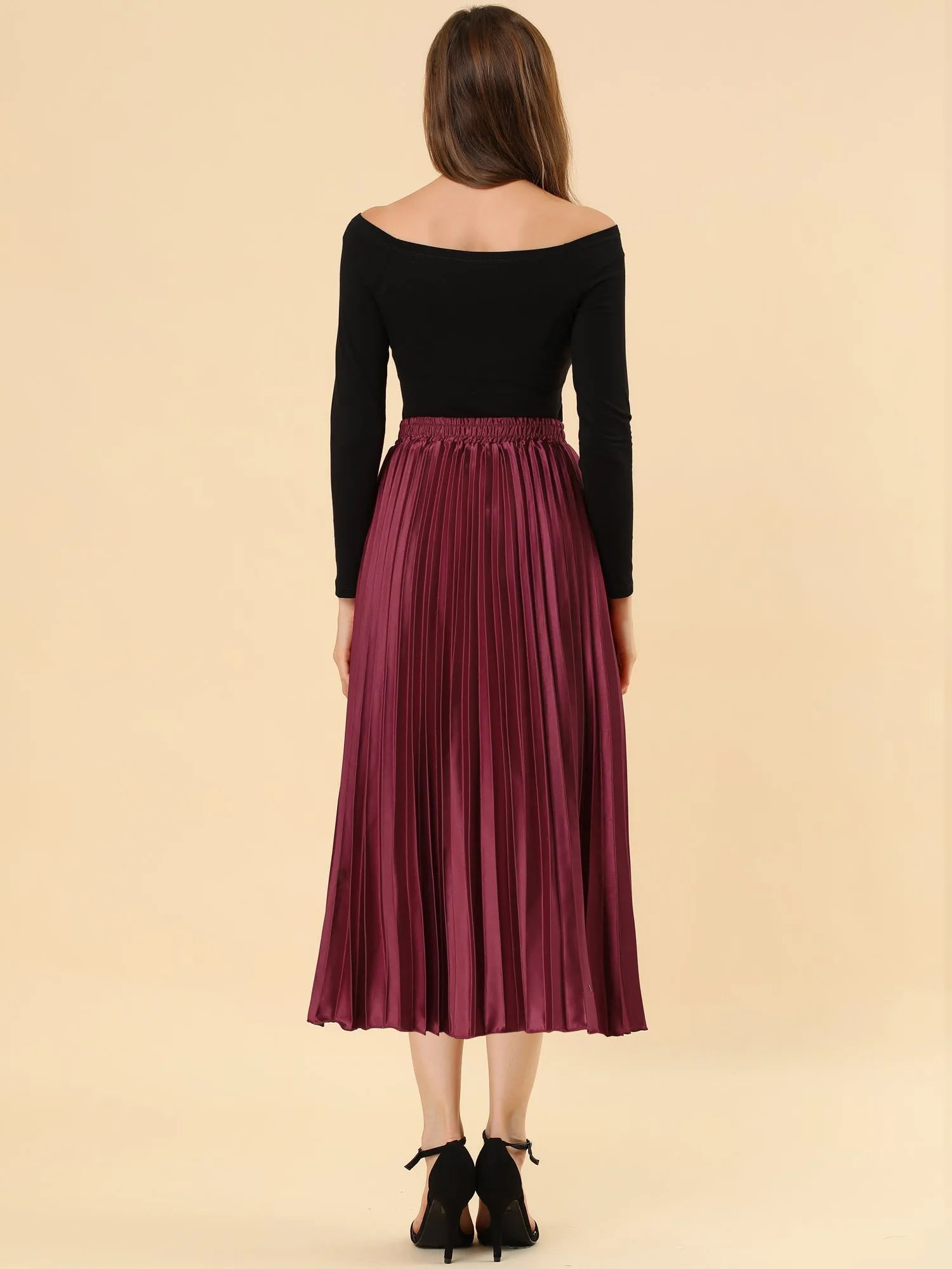 Elastic Waist Metallic Shiny Accordion Pleated Midi Skirt