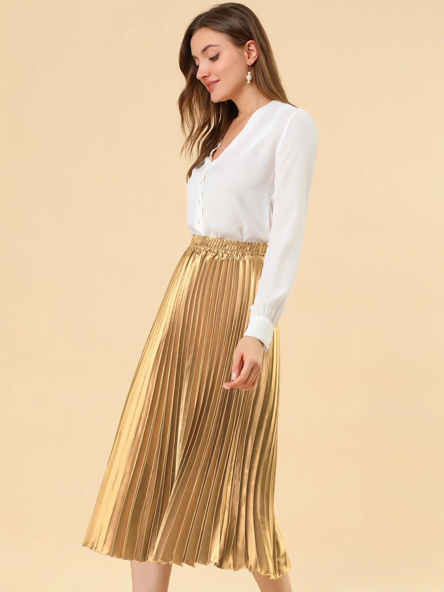 Elastic Waist Metallic Shiny Accordion Pleated Midi Skirt