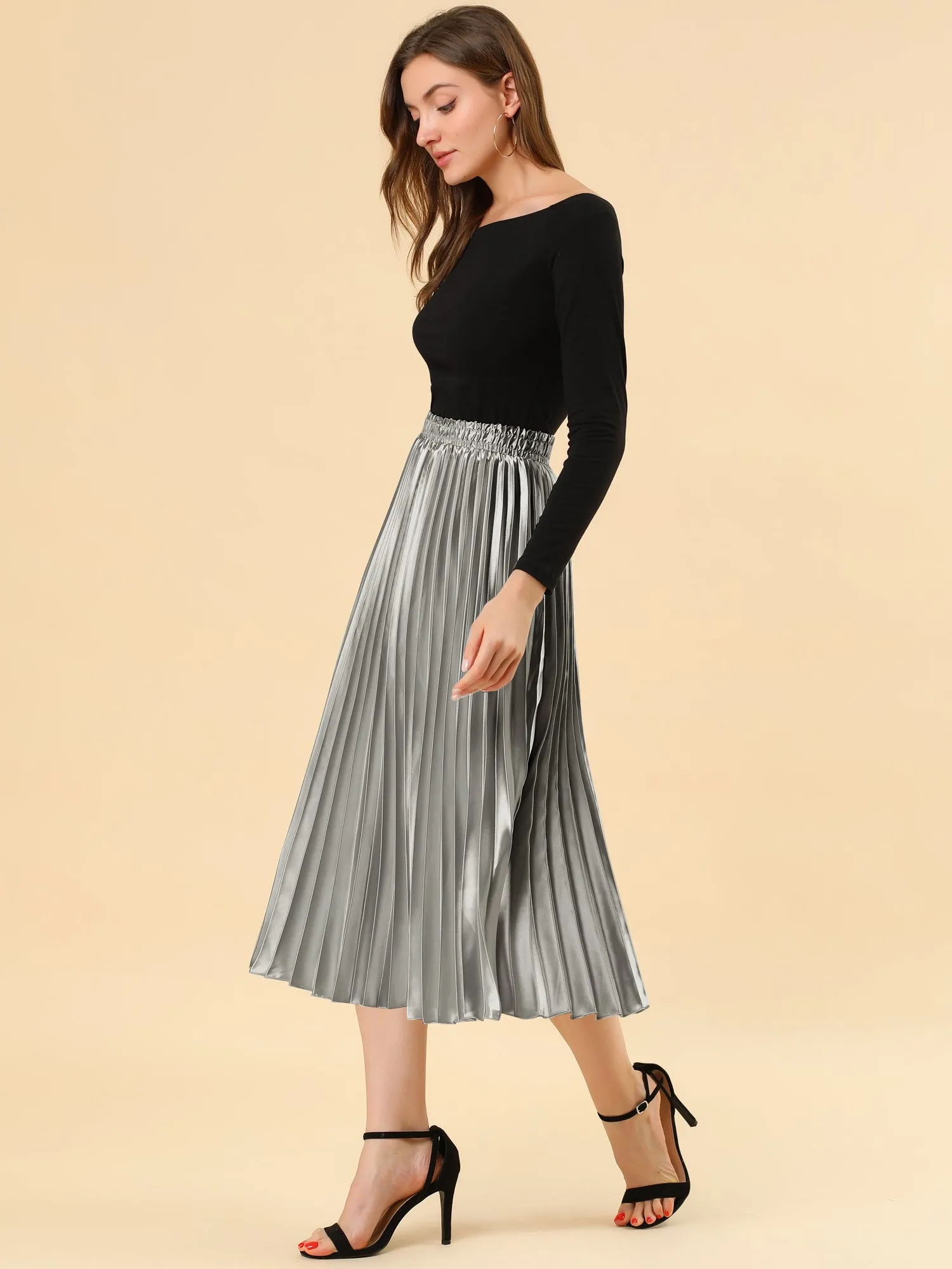 Elastic Waist Metallic Shiny Accordion Pleated Midi Skirt