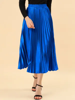 Elastic Waist Metallic Shiny Accordion Pleated Midi Skirt