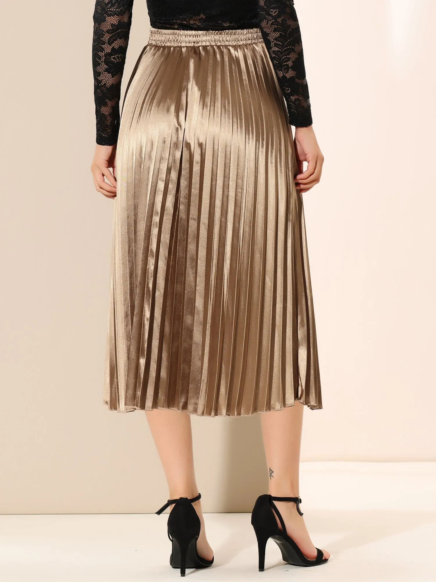 Elastic Waist Metallic Shiny Accordion Pleated Midi Skirt