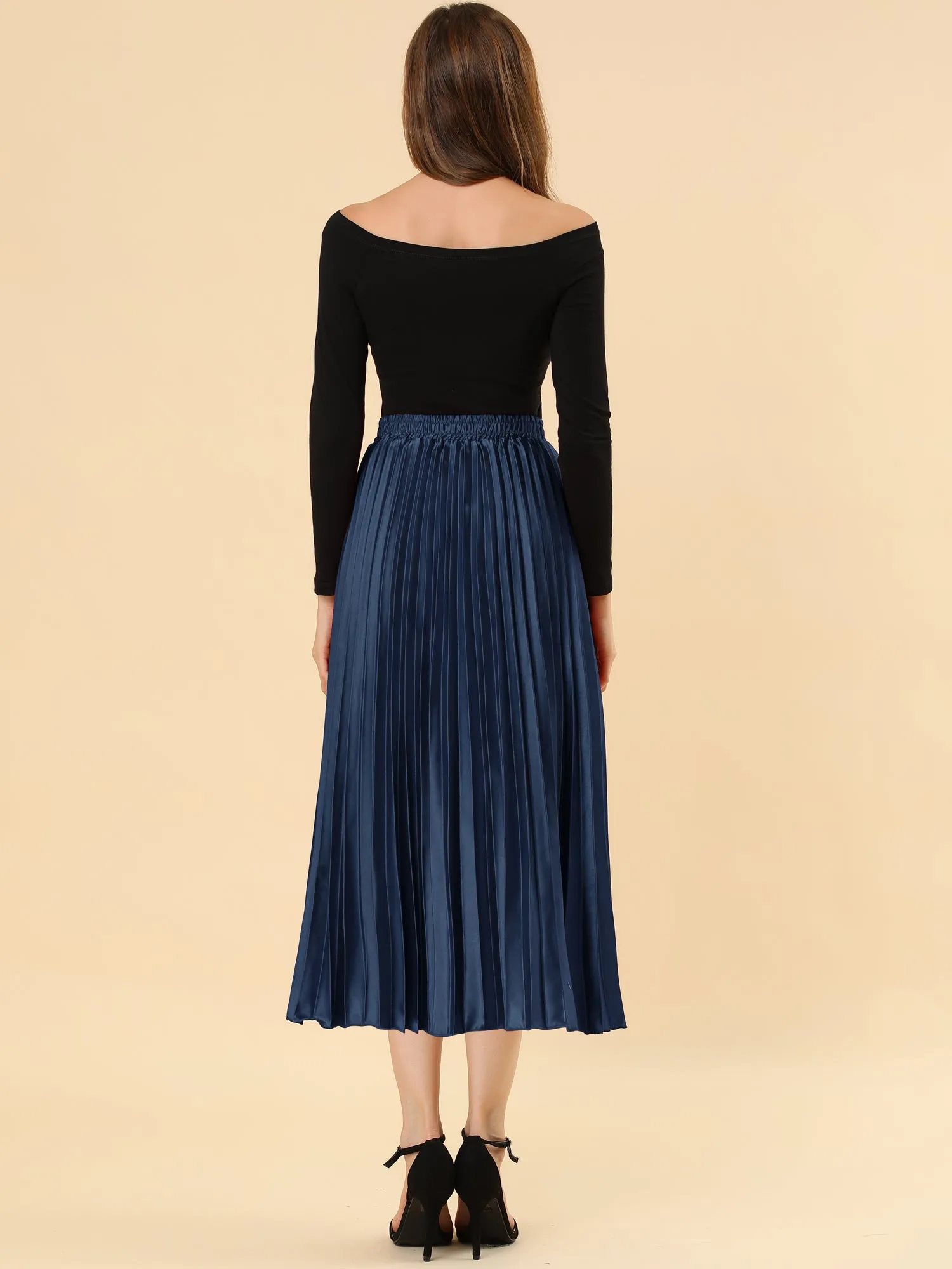 Elastic Waist Metallic Shiny Accordion Pleated Midi Skirt