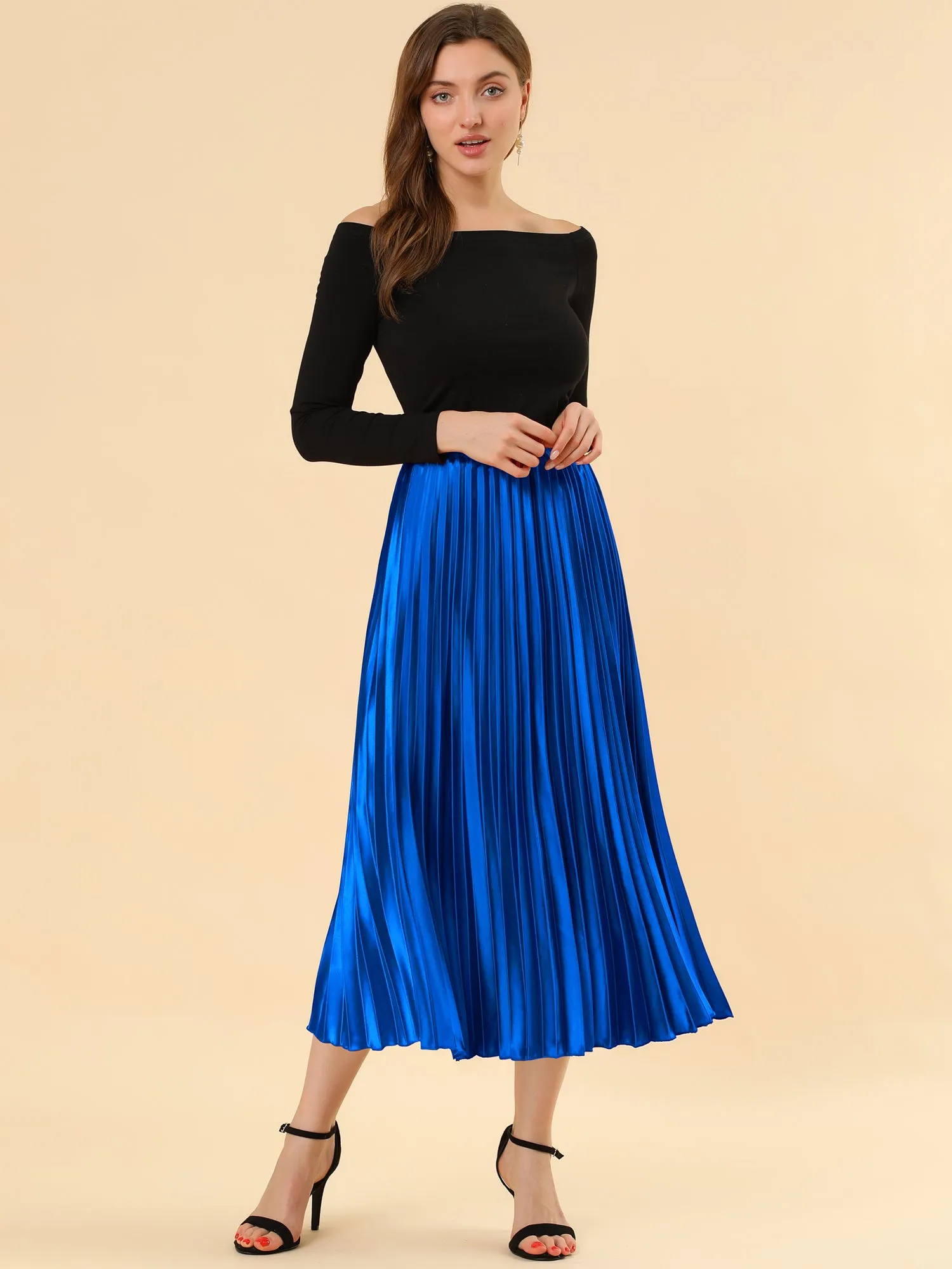 Elastic Waist Metallic Shiny Accordion Pleated Midi Skirt
