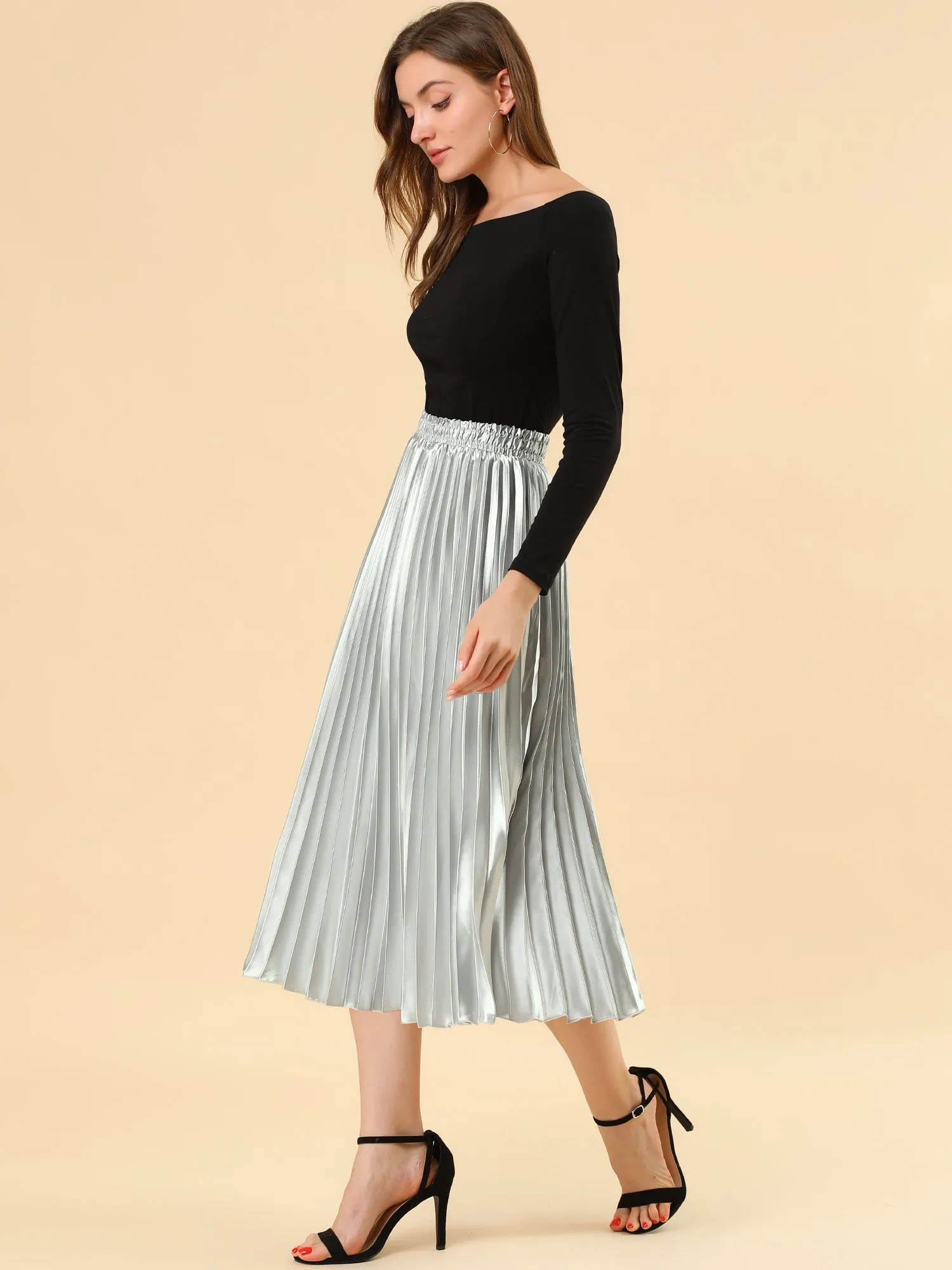 Elastic Waist Metallic Shiny Accordion Pleated Midi Skirt