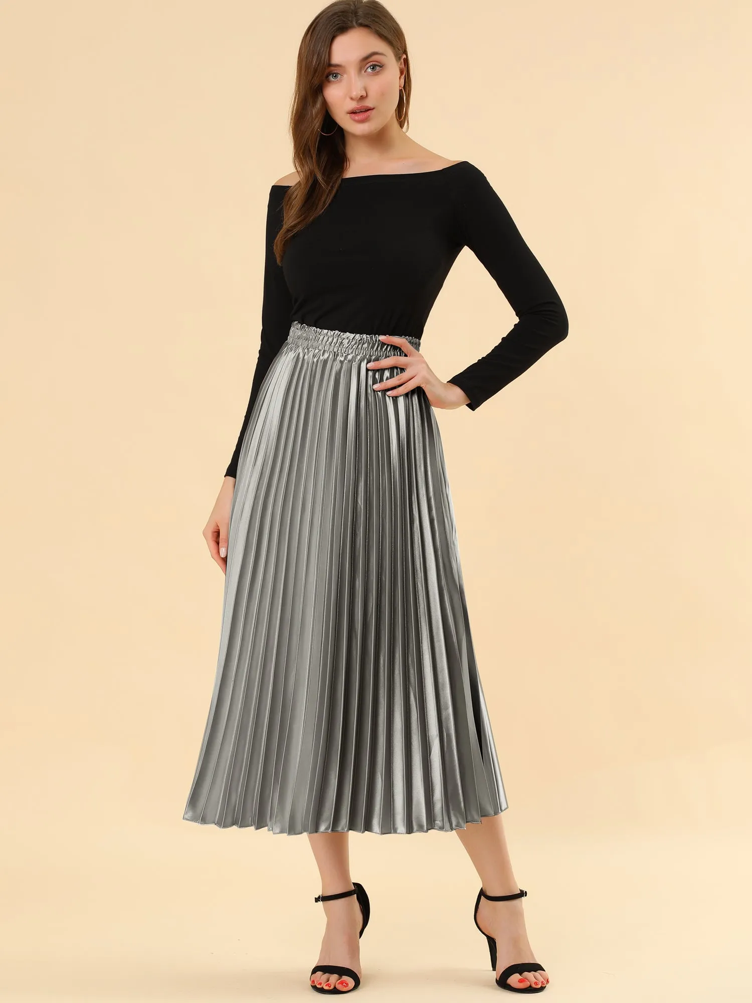 Elastic Waist Metallic Shiny Accordion Pleated Midi Skirt