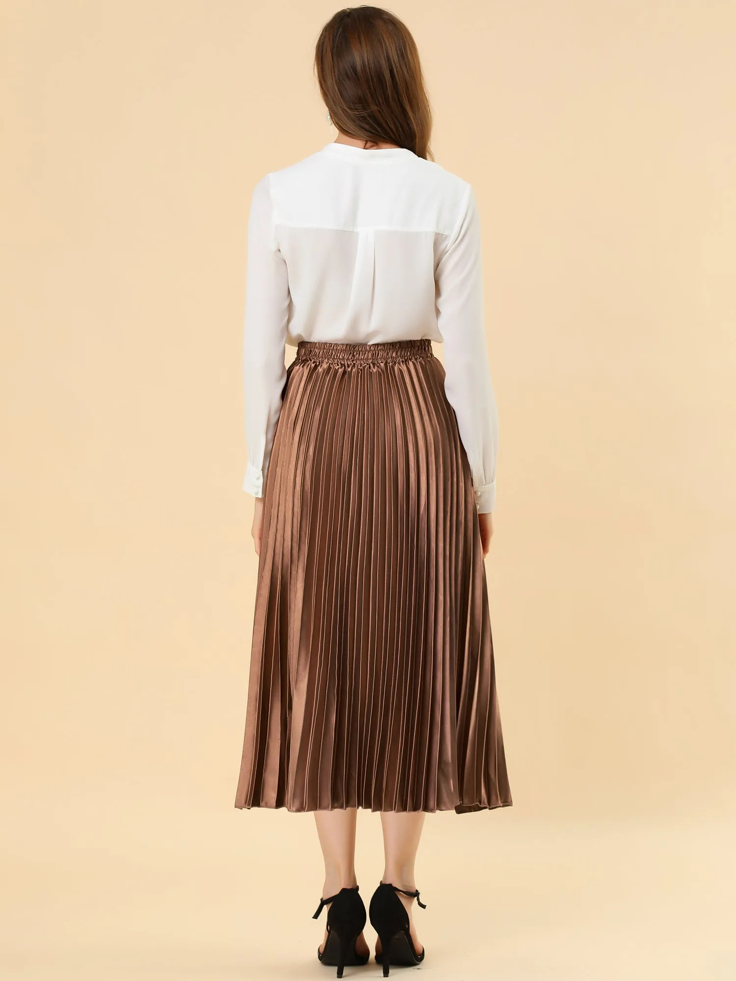 Elastic Waist Metallic Shiny Accordion Pleated Midi Skirt