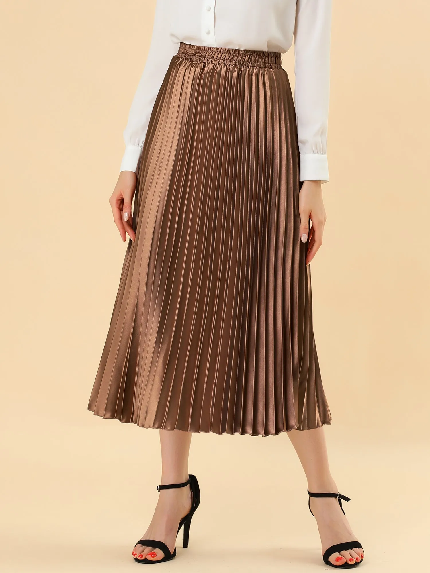 Elastic Waist Metallic Shiny Accordion Pleated Midi Skirt