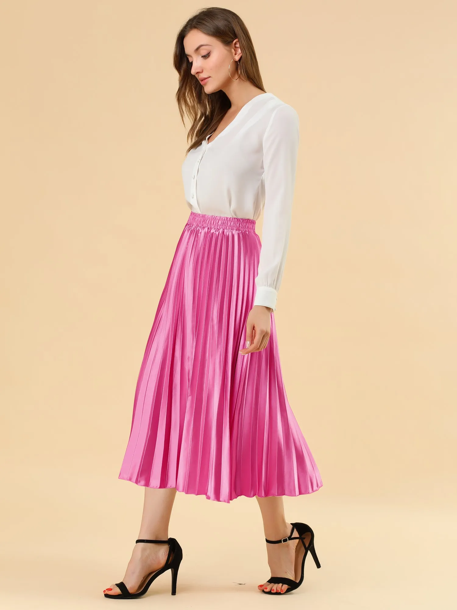Elastic Waist Metallic Shiny Accordion Pleated Midi Skirt