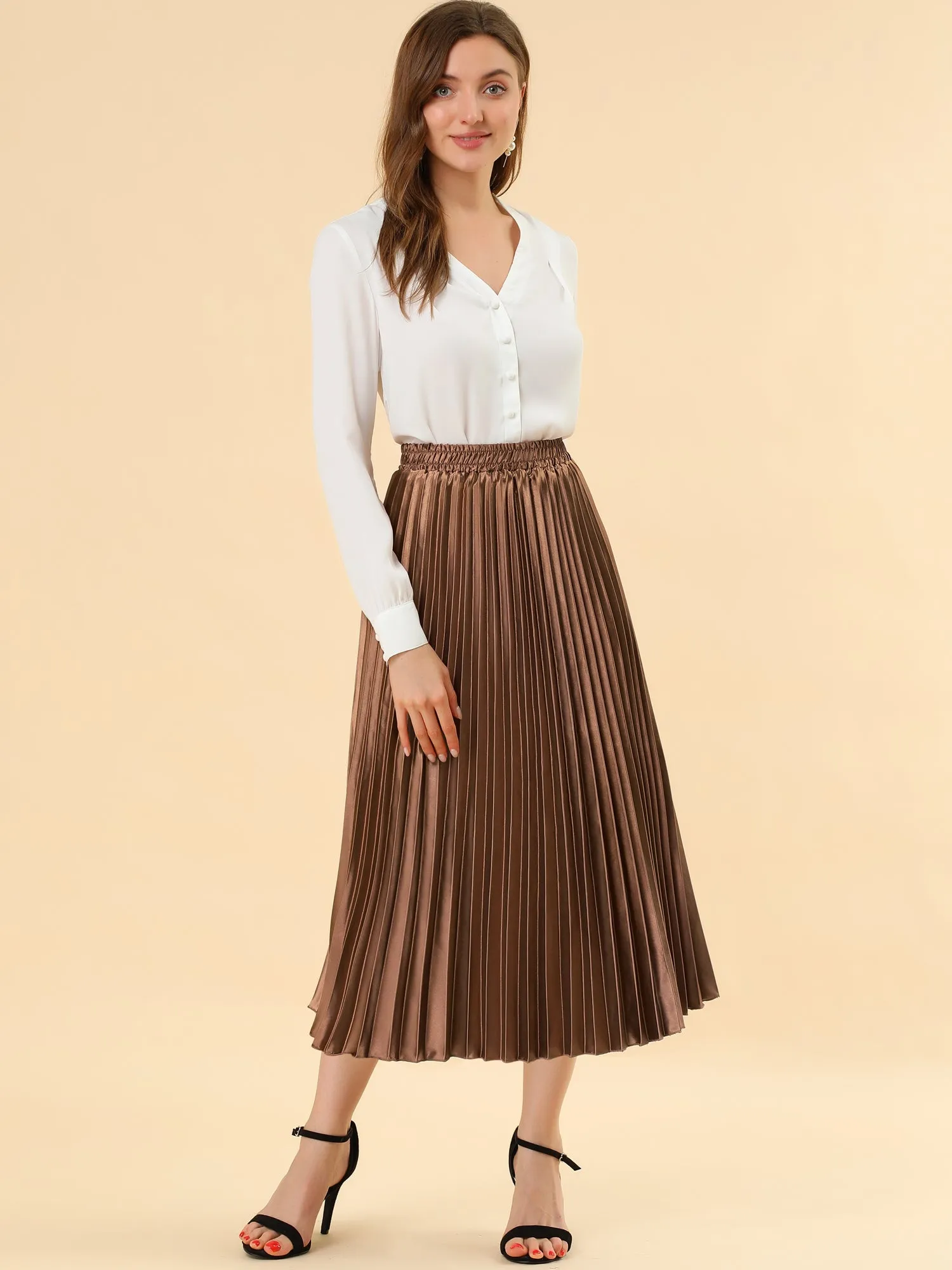 Elastic Waist Metallic Shiny Accordion Pleated Midi Skirt