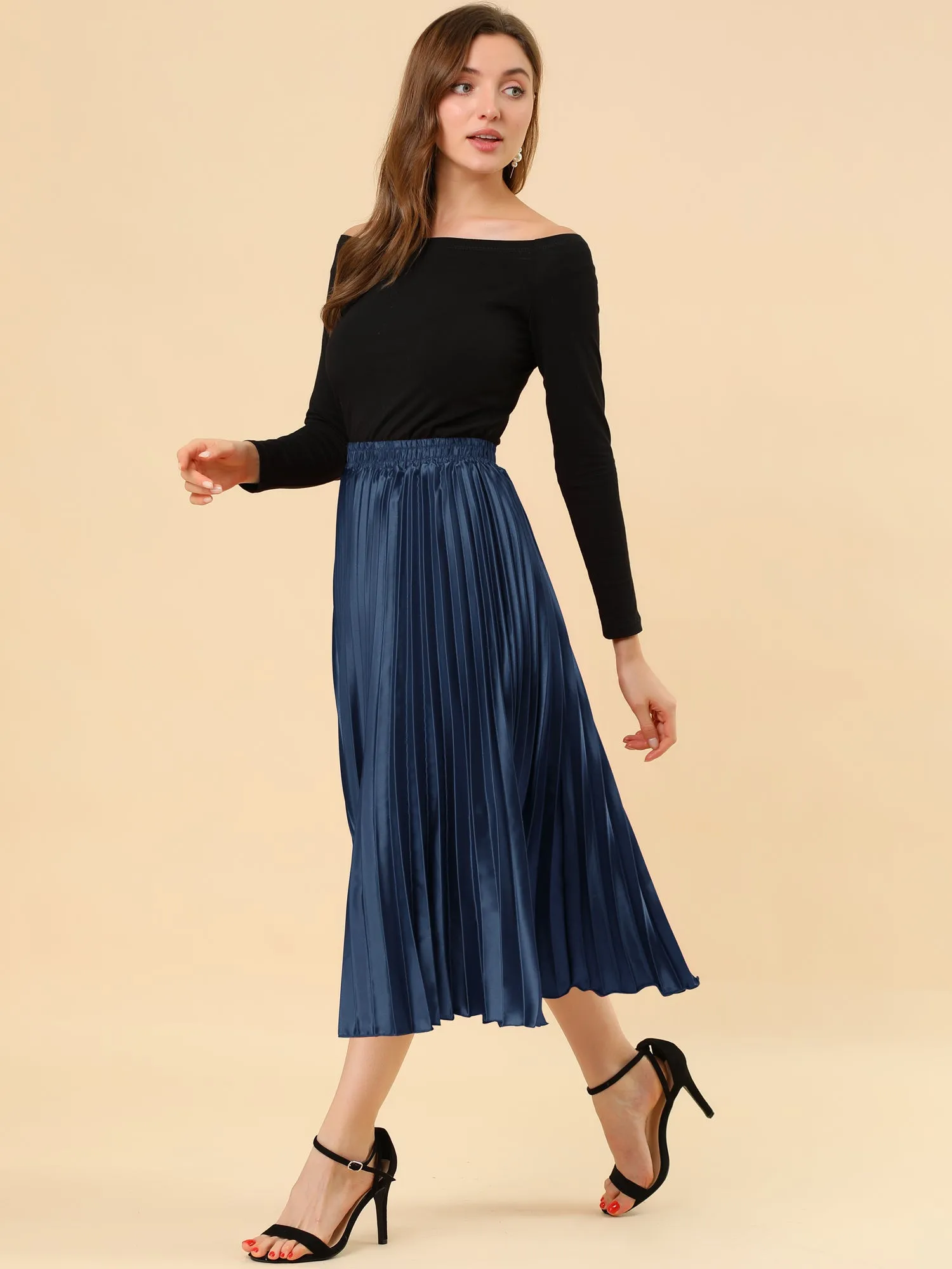 Elastic Waist Metallic Shiny Accordion Pleated Midi Skirt