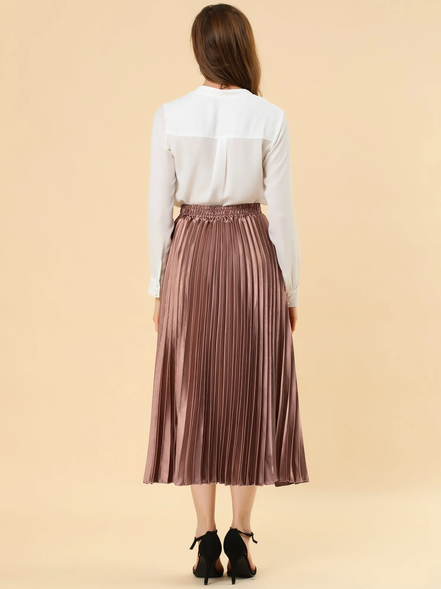 Elastic Waist Metallic Shiny Accordion Pleated Midi Skirt