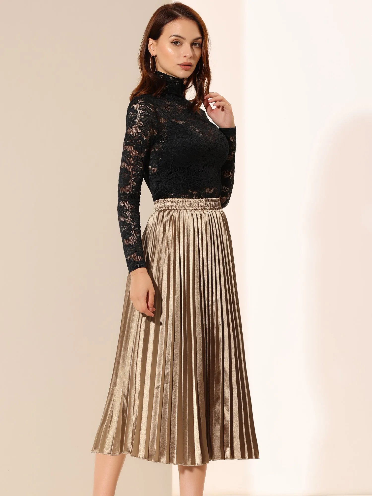 Elastic Waist Metallic Shiny Accordion Pleated Midi Skirt
