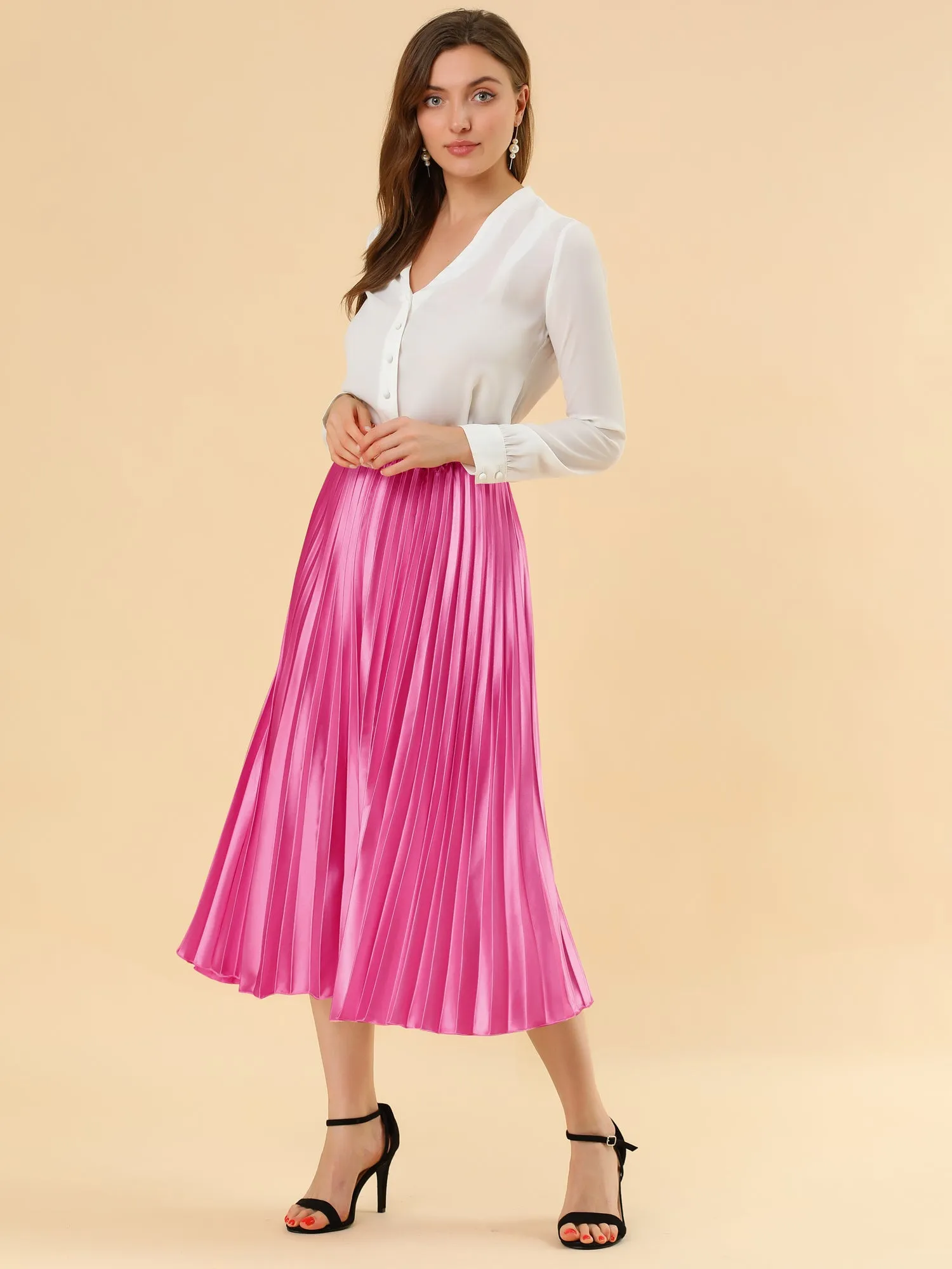 Elastic Waist Metallic Shiny Accordion Pleated Midi Skirt