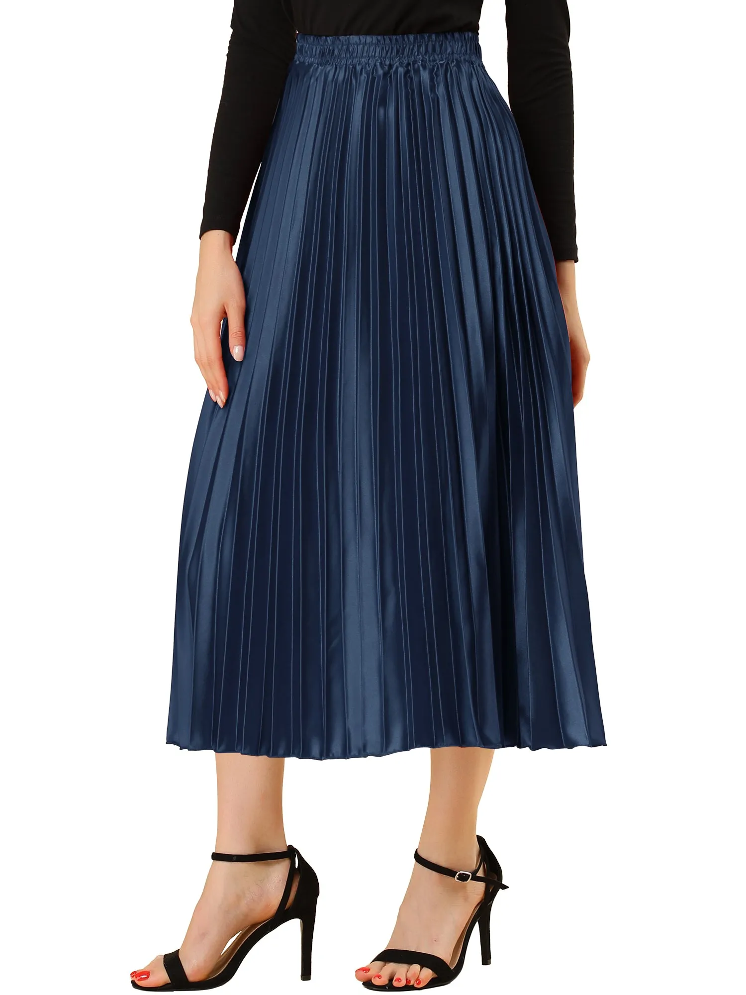 Elastic Waist Metallic Shiny Accordion Pleated Midi Skirt