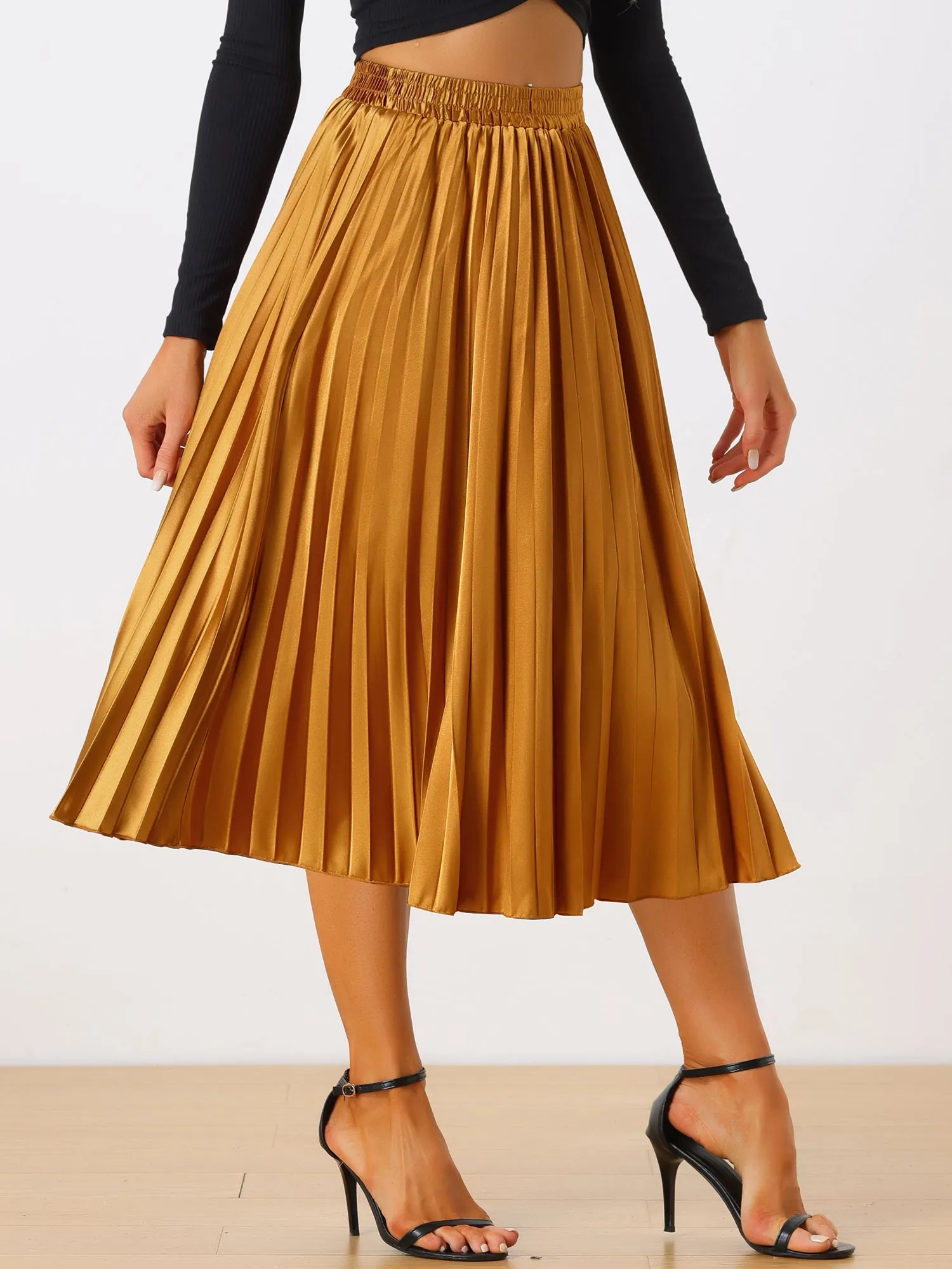 Elastic Waist Metallic Shiny Accordion Pleated Midi Skirt