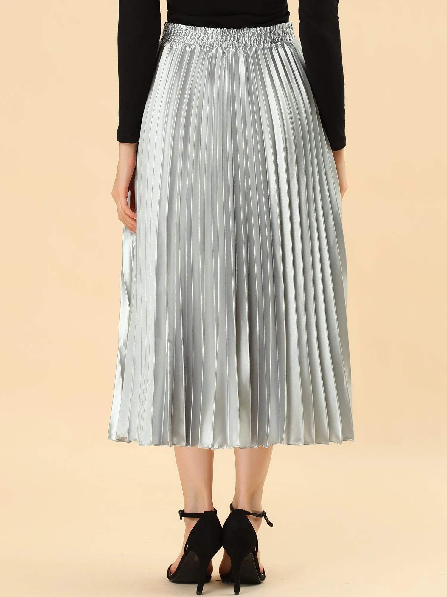 Elastic Waist Metallic Shiny Accordion Pleated Midi Skirt