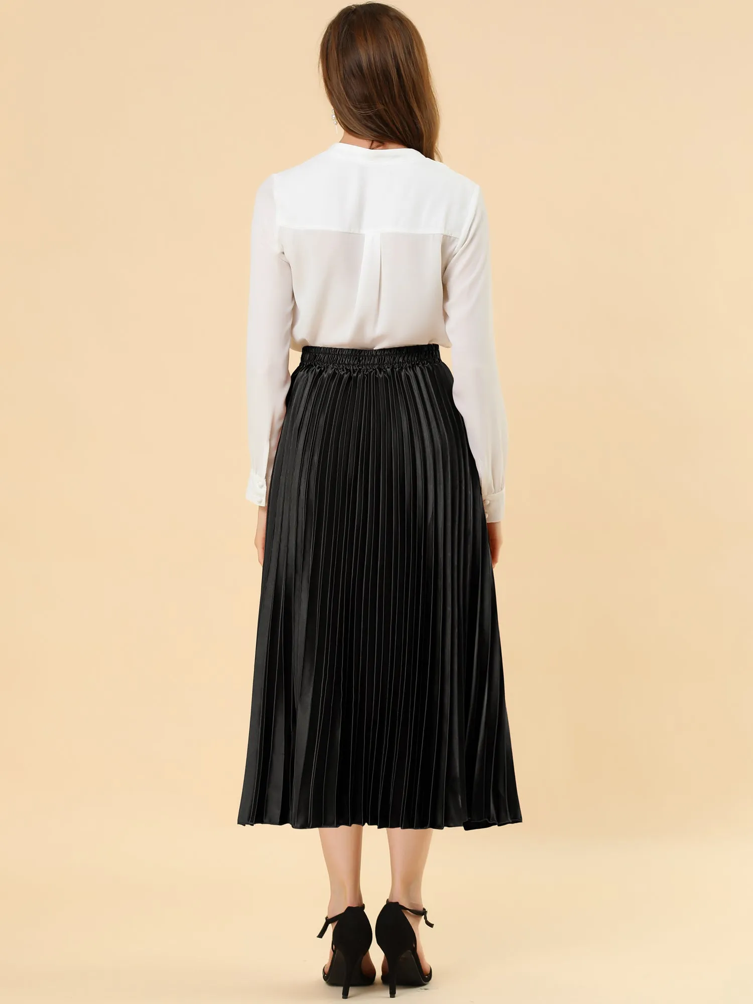 Elastic Waist Metallic Shiny Accordion Pleated Midi Skirt