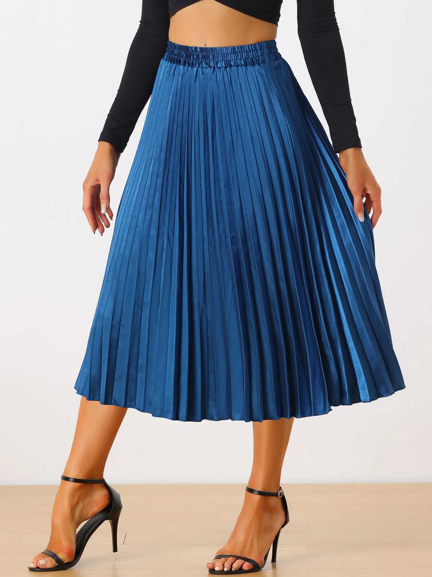 Elastic Waist Metallic Shiny Accordion Pleated Midi Skirt