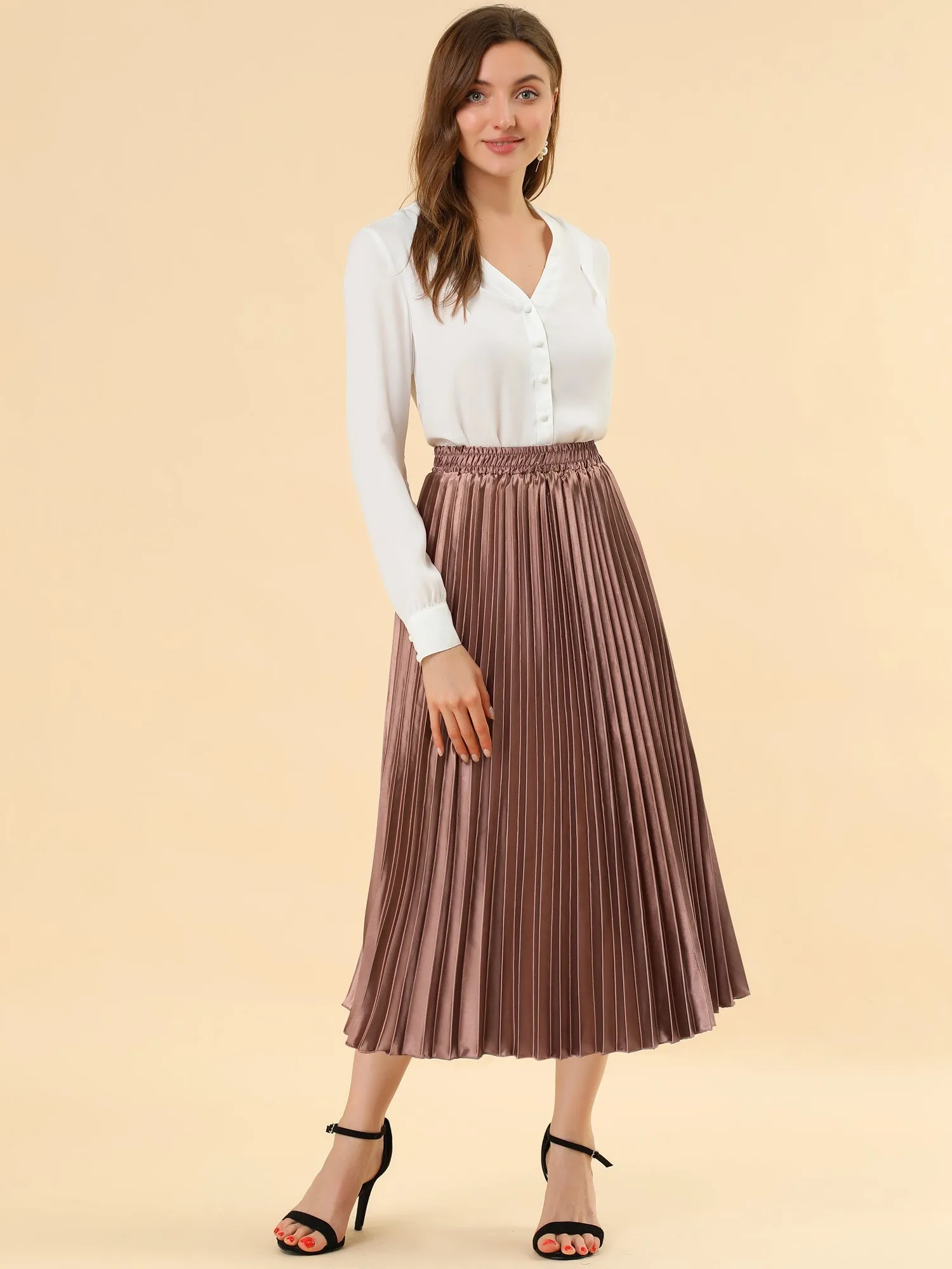 Elastic Waist Metallic Shiny Accordion Pleated Midi Skirt