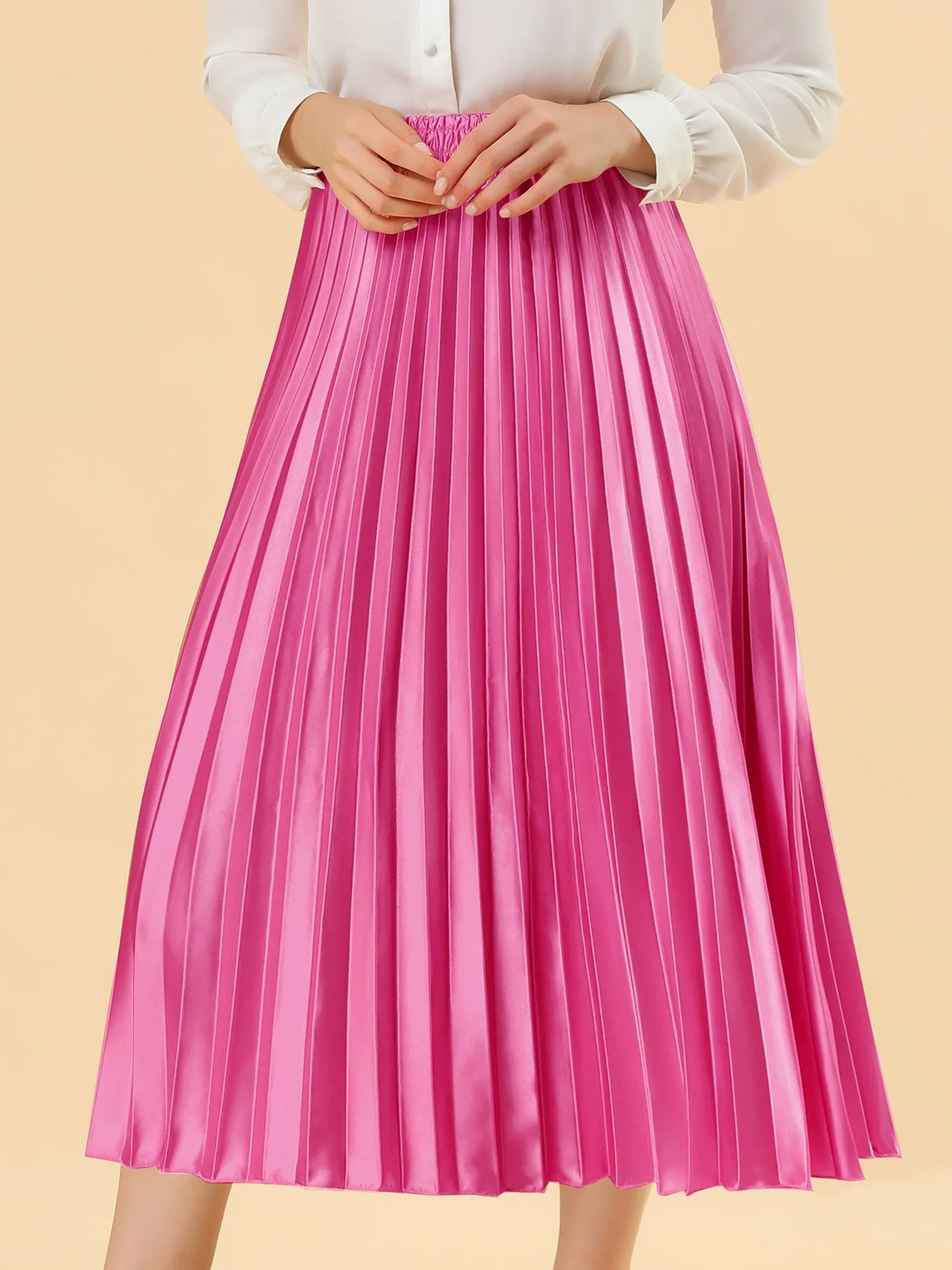 Elastic Waist Metallic Shiny Accordion Pleated Midi Skirt