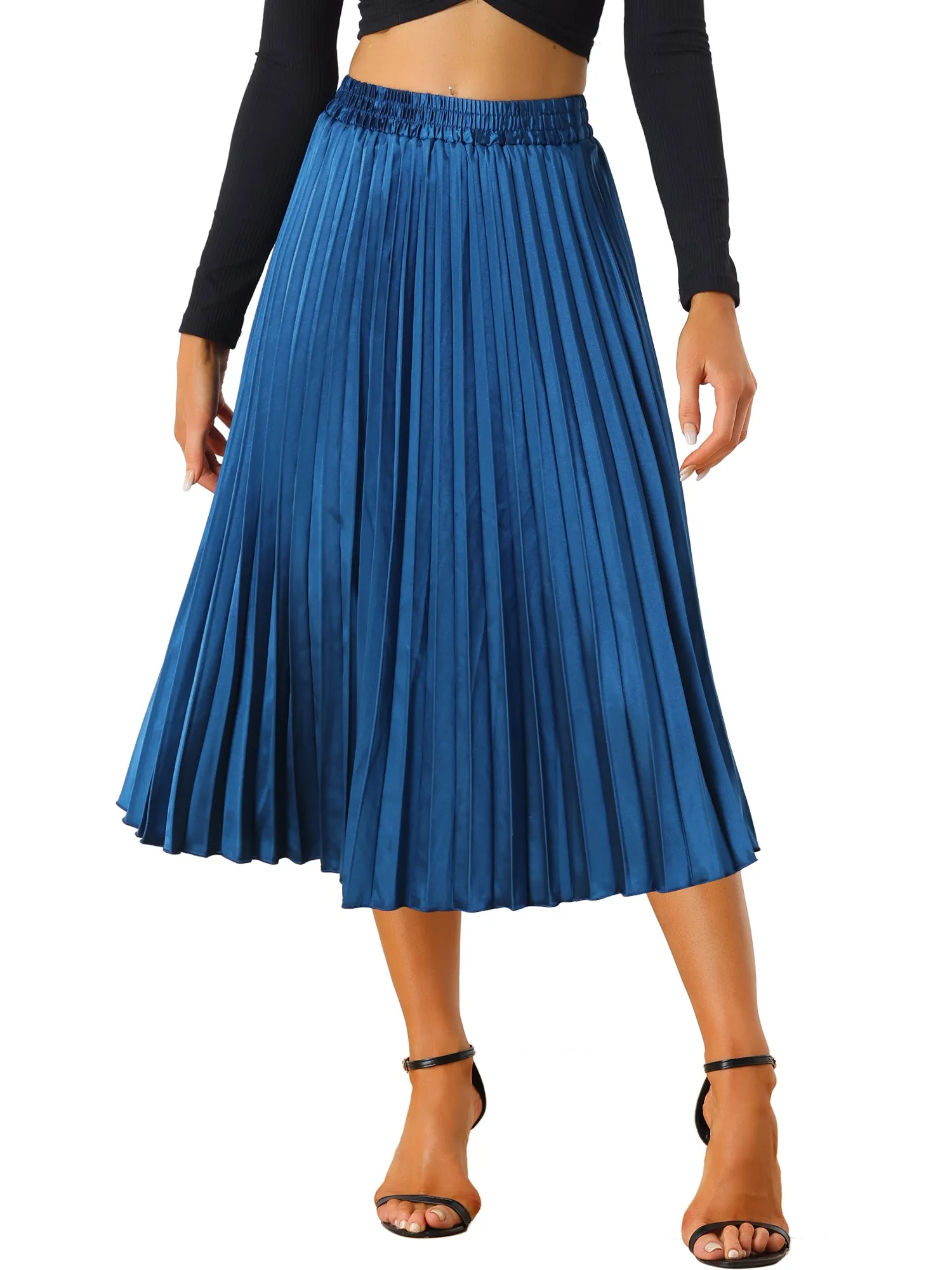 Elastic Waist Metallic Shiny Accordion Pleated Midi Skirt