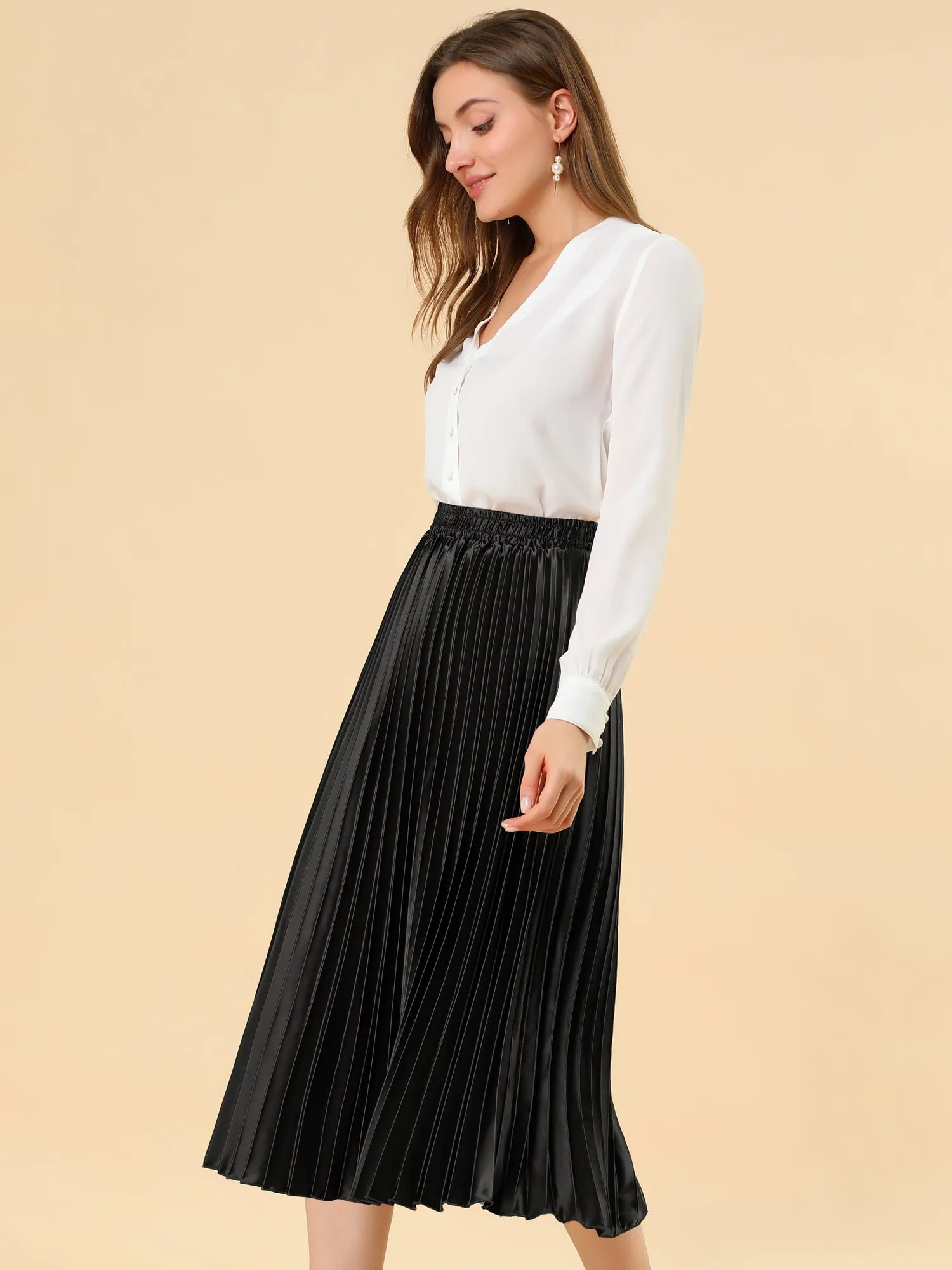 Elastic Waist Metallic Shiny Accordion Pleated Midi Skirt