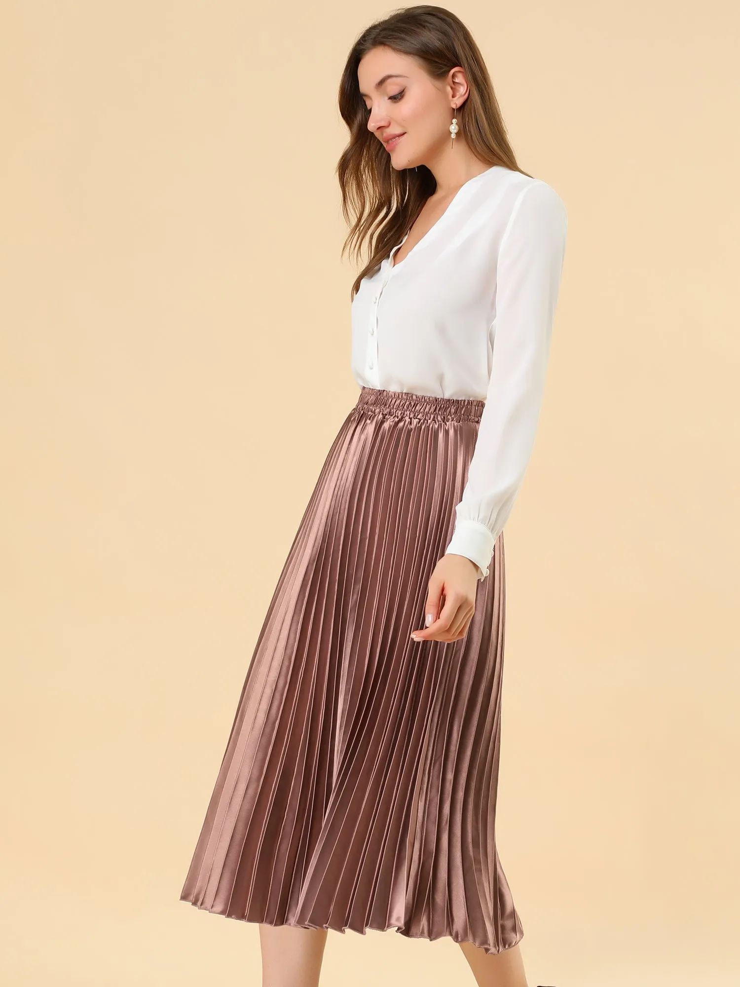 Elastic Waist Metallic Shiny Accordion Pleated Midi Skirt