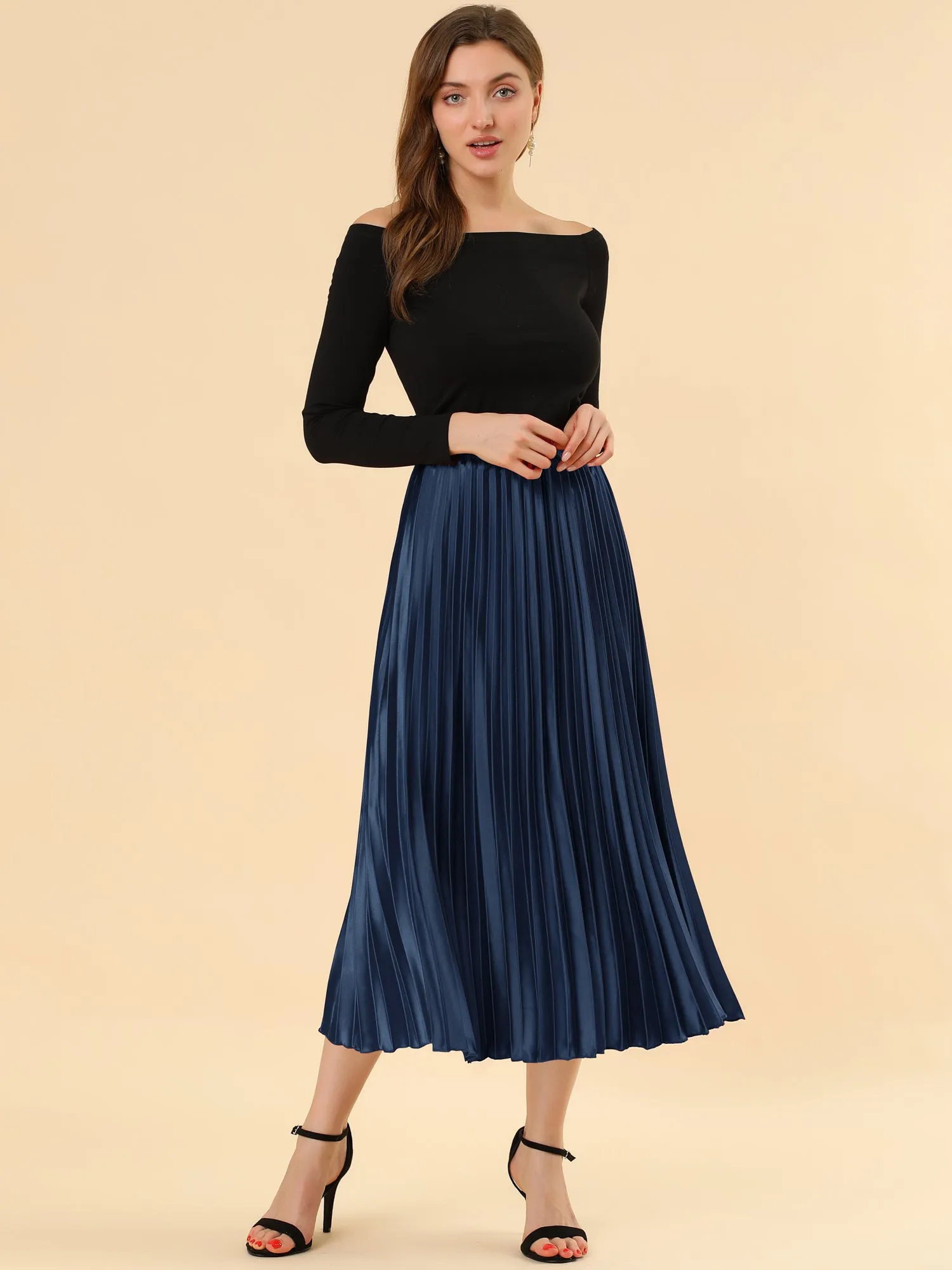Elastic Waist Metallic Shiny Accordion Pleated Midi Skirt