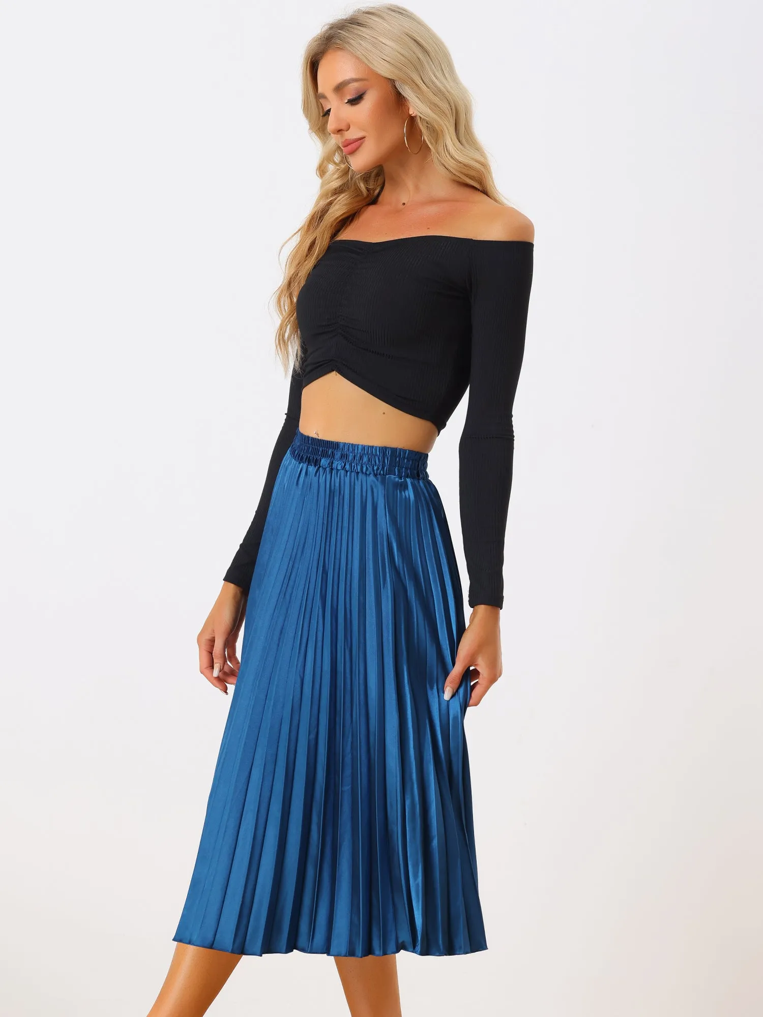 Elastic Waist Metallic Shiny Accordion Pleated Midi Skirt