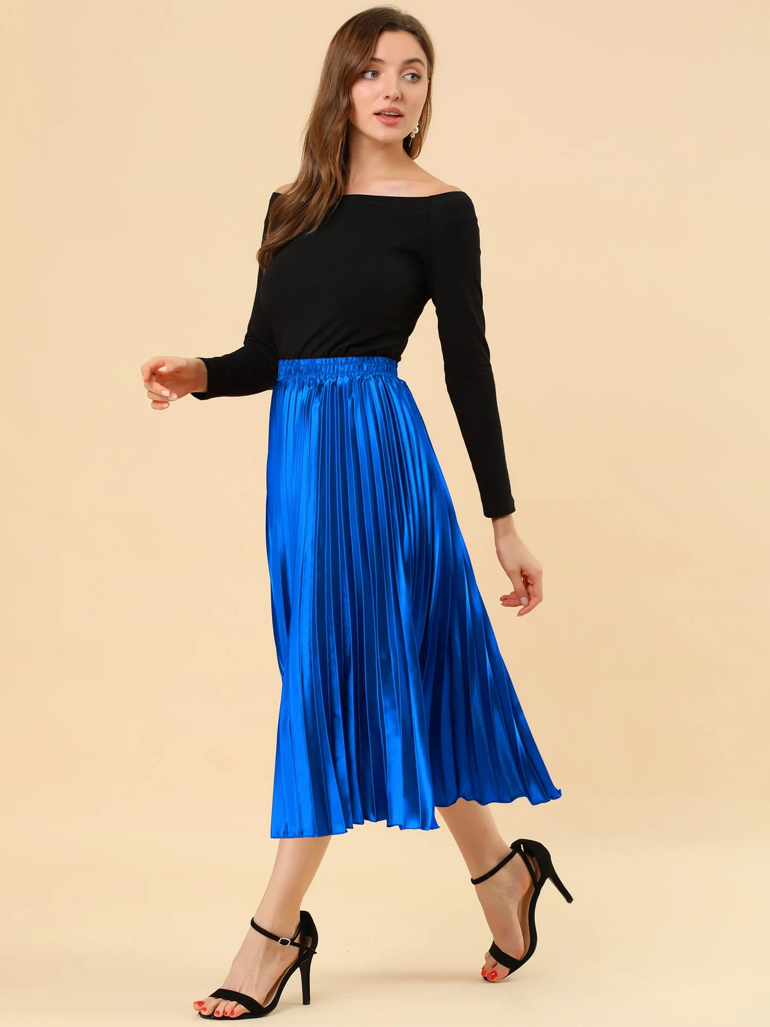 Elastic Waist Metallic Shiny Accordion Pleated Midi Skirt