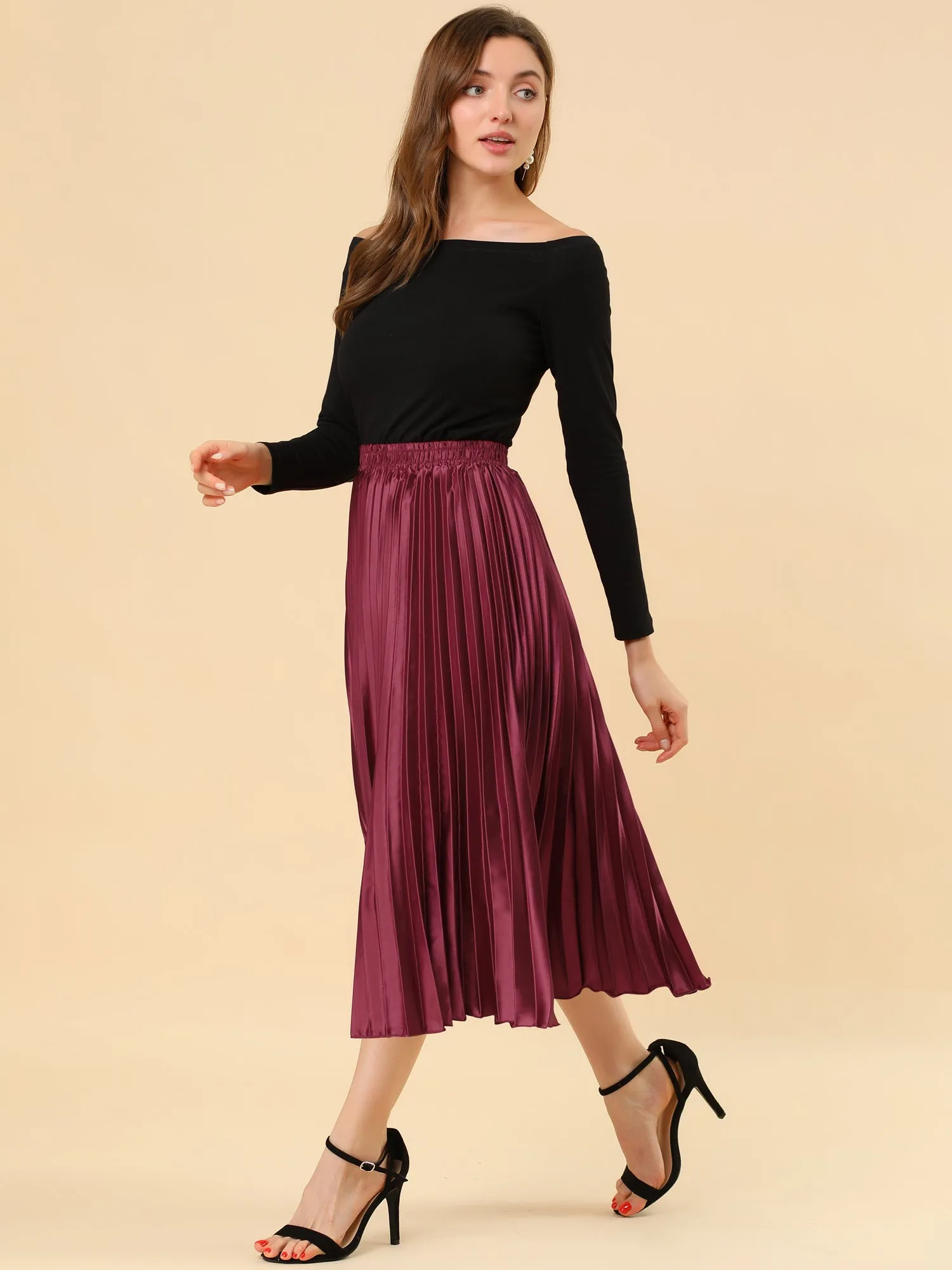 Elastic Waist Metallic Shiny Accordion Pleated Midi Skirt